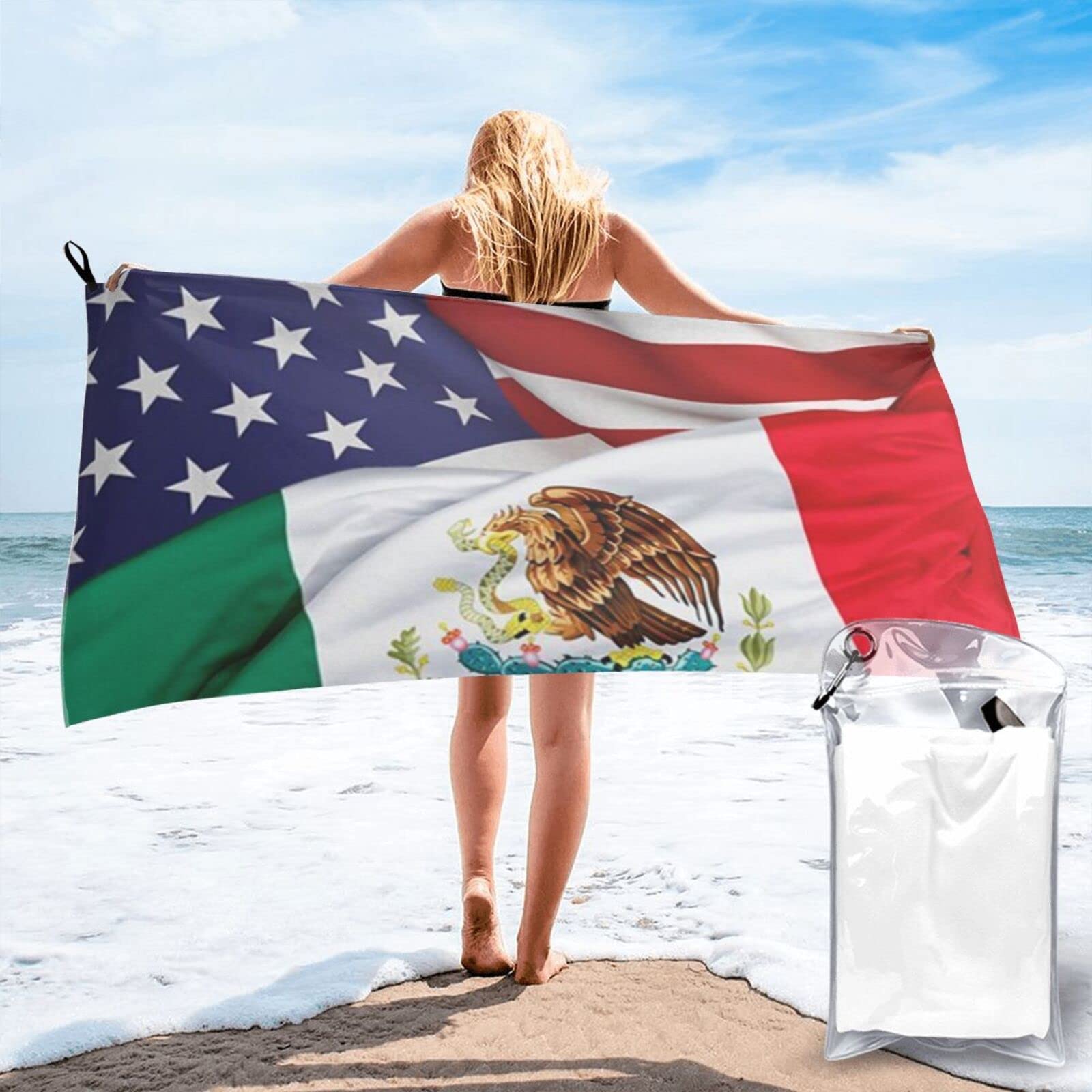 Lawenp Mexican and American Flags Microfiber Beach Towel Adults Large Quick Drying Bath Towel Travel Towels with Pouch 31.5"x63"