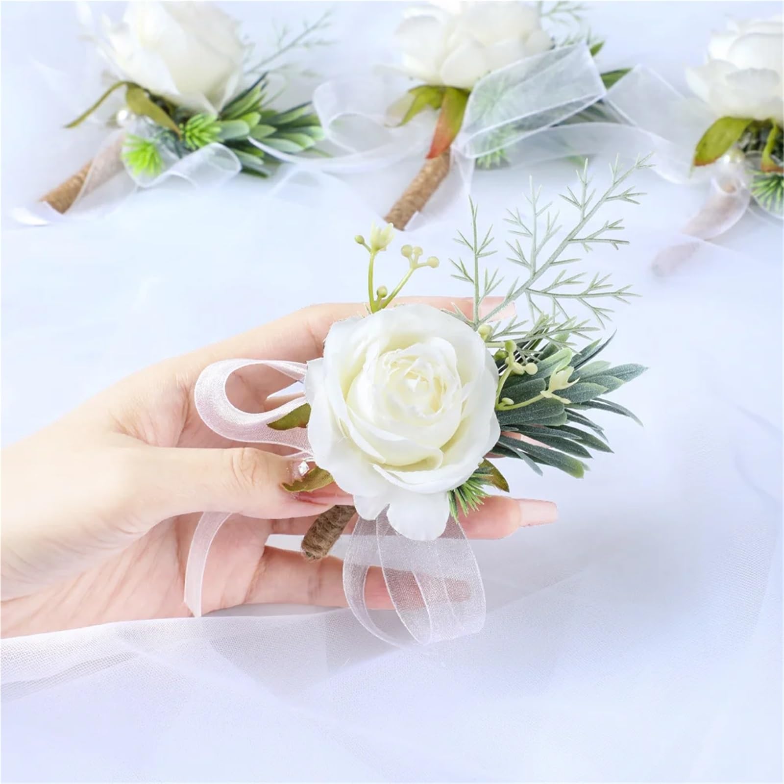Fiore sul Petto di Nozze, Polso della Damigella d'Onore Sposa dello Sposo, Accessorio, Simulazione del Nastro Rosa, ghirlande(6pcs-Corsage)