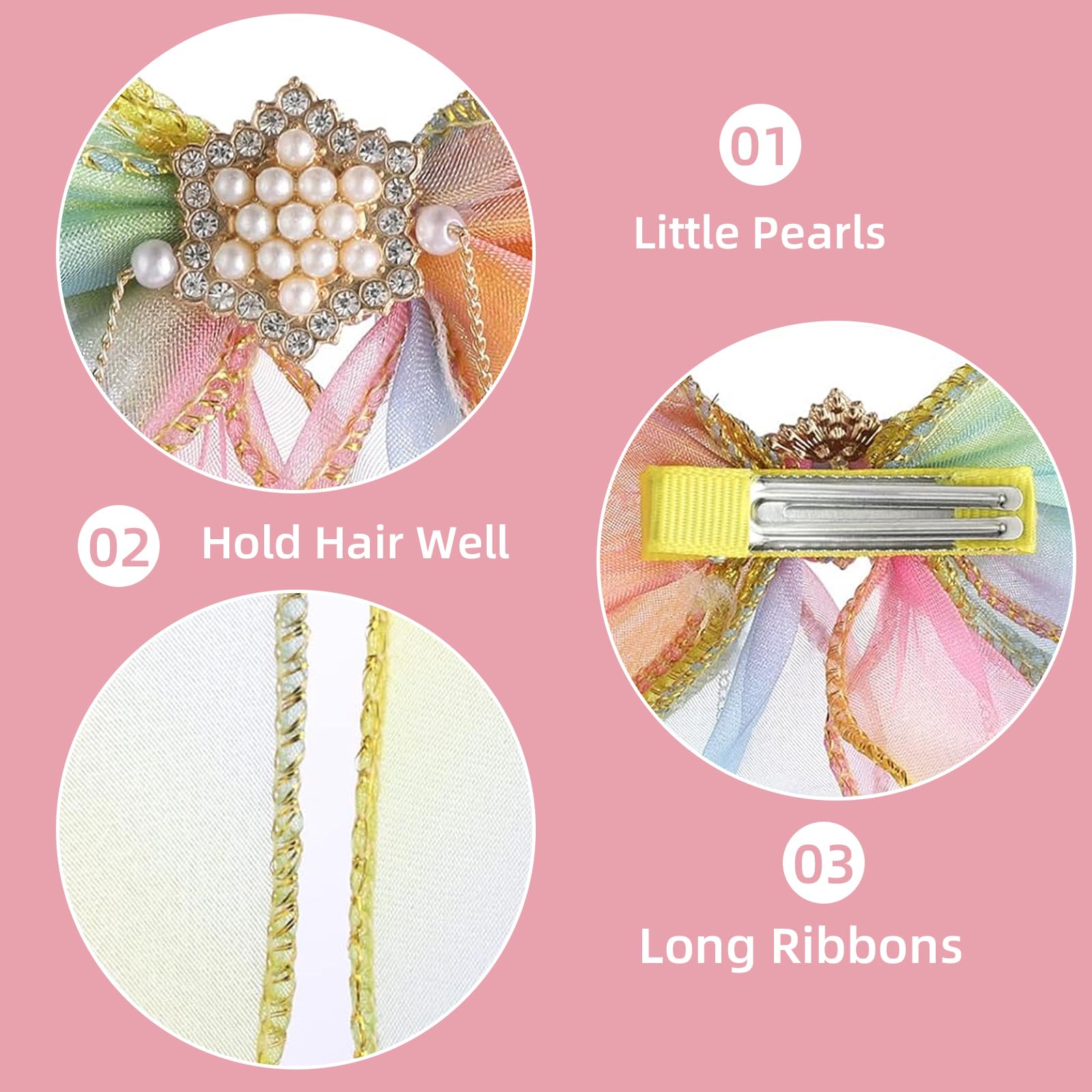 2 Pcs Colorful Ribbon Girls Hair Bows, Princess Ribbon Pearl Tassels Girls Hair Accessories, Big Hair Bows Clips Long Tail - Image 3