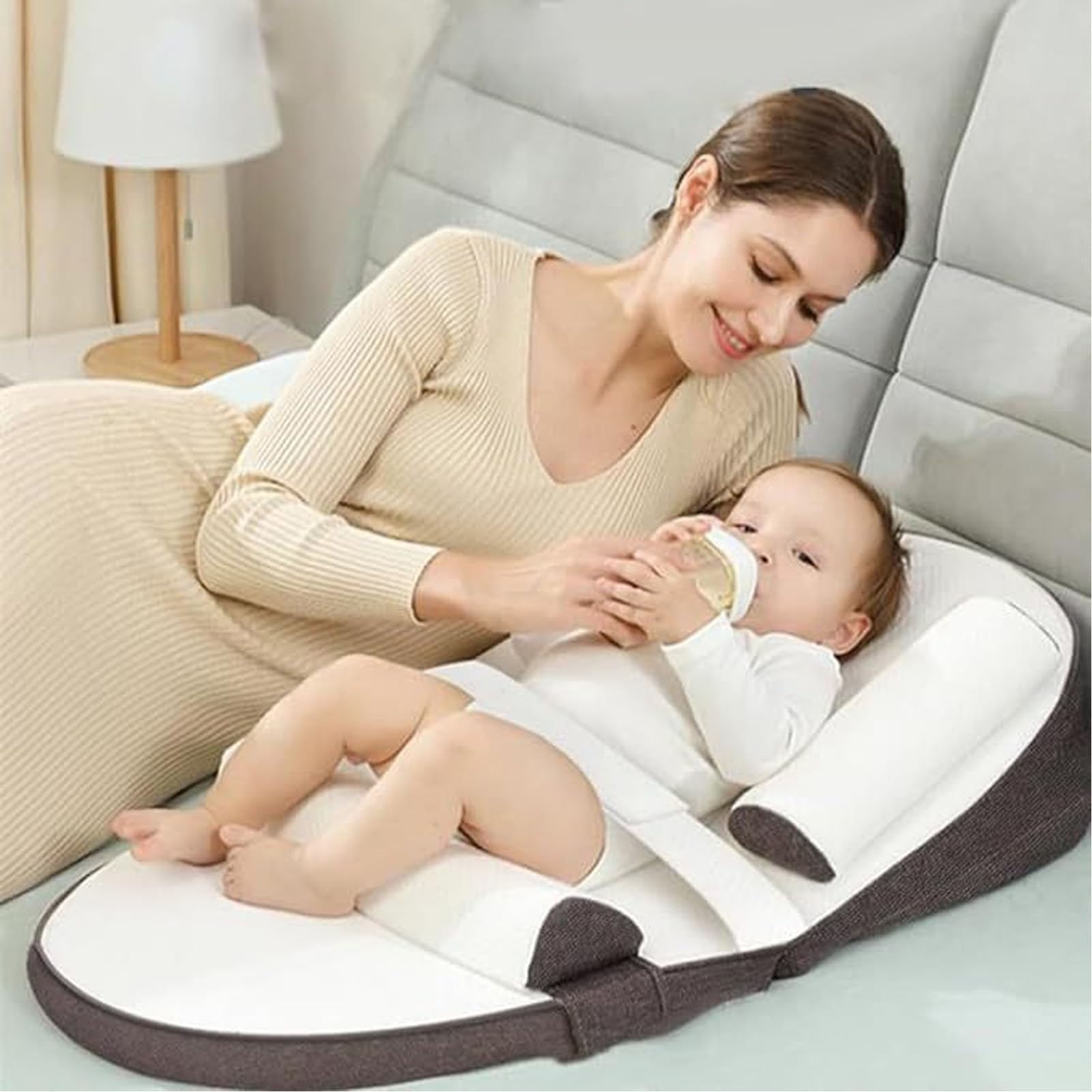 Beauenty Baby Lounger, Baby Sleeping Nest, Anti-Reflux Pillow, 0-30° Height Adjustable Travel Crib, Relieves Vomiting Milk, Washable,Breathable Fabric,Travel Crib for Newborns & Infants (Brown) (A)