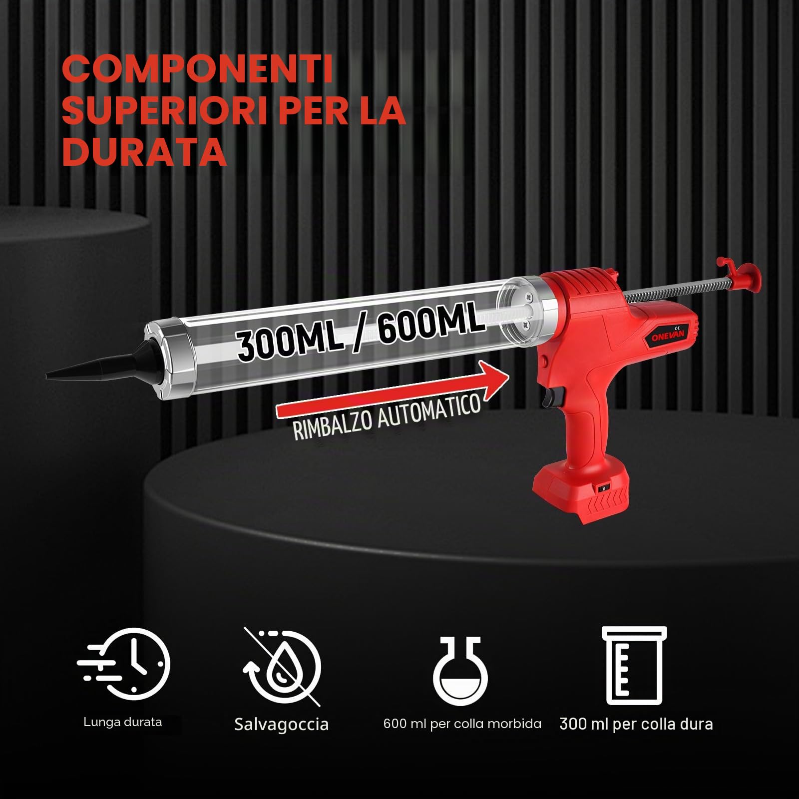 ONEVAN Pistola Silicone a Batteria, 310ml/600ml Pistola per Silicone, 6 velocità, Antigoccia, con 2 Batterie da 2.0 Ah, 14 ugelli, Ideale per Calafataggio, Riempimento e Sigillatura