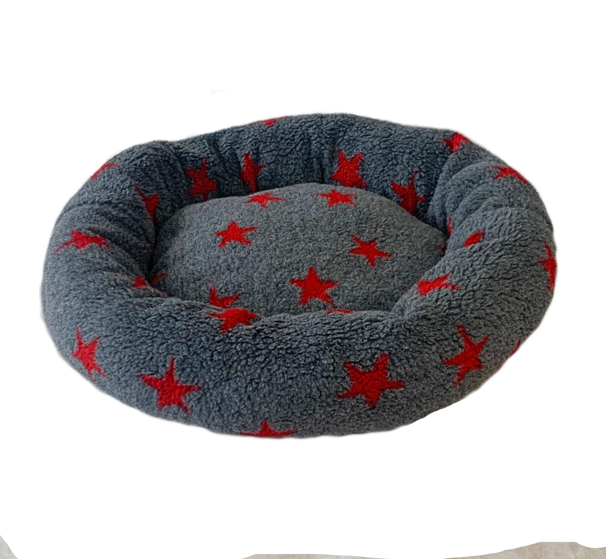 PnH Donut Snuggle Bed - Anti Anxiety Calming Dog Bed - Round Bed, Cosy - Sherpa Fleece (Grey/Red Stars)