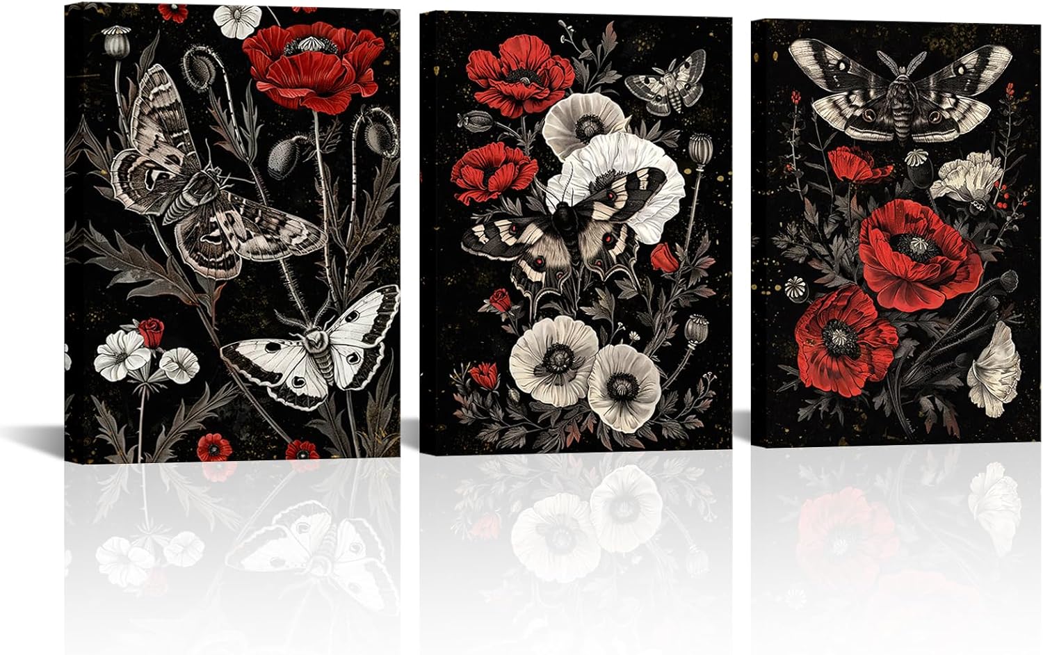 RnnJoile Moth Art Wall Decor Red and Black Wall Pictures Prints Gothic Moody Paintings for Bathroom Bedroom 12"x16"x3pcs