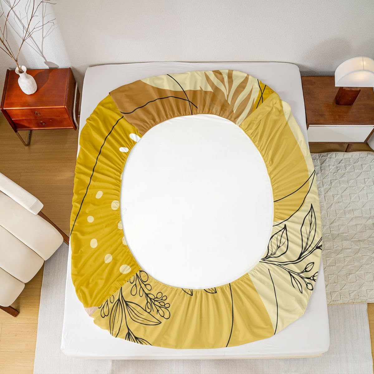 Erosebridal Yellow and White Bed Sheets Set Mid Century Queen Sheet Set for Toddler Boys,Modern Abstract Boho Geometric Flat Sheet