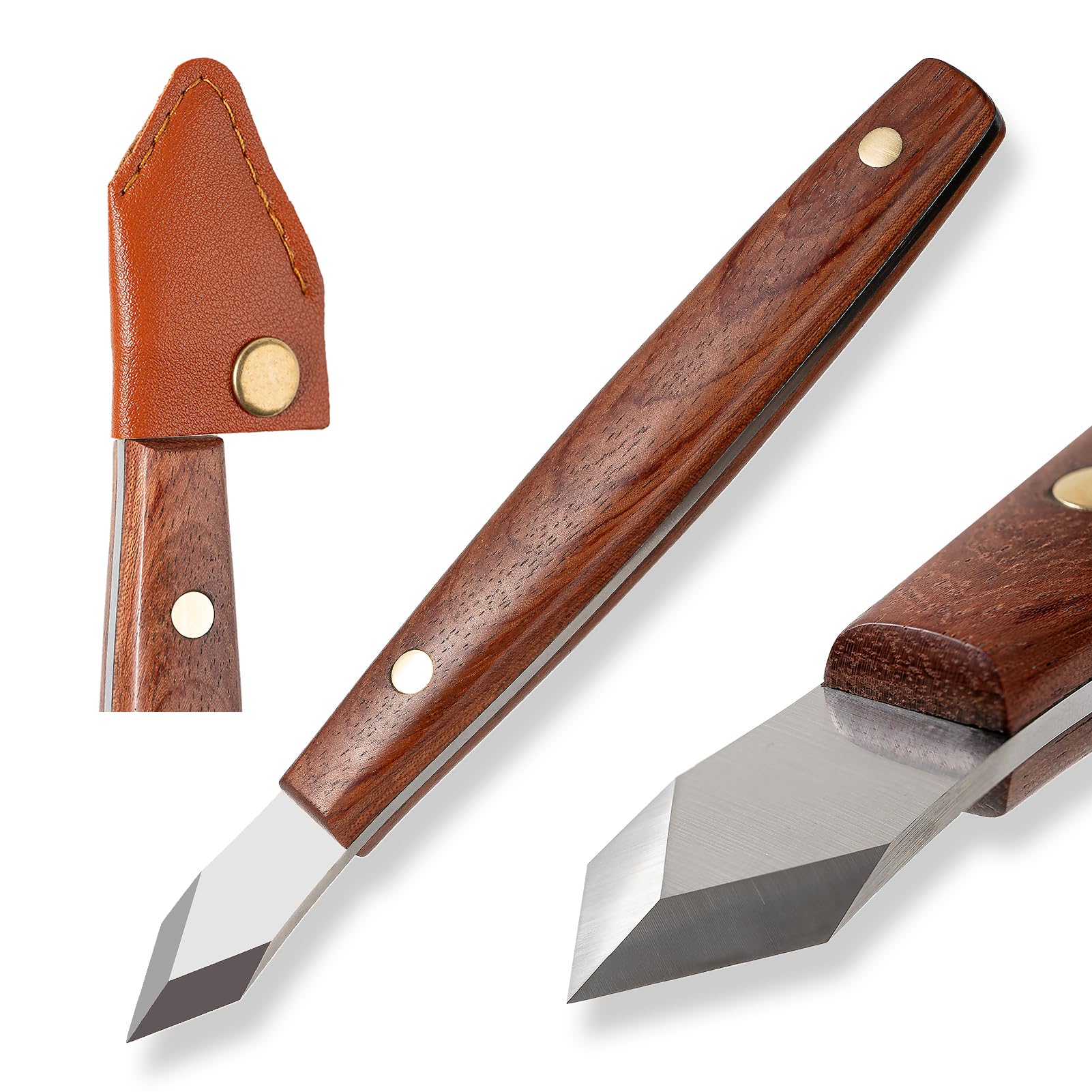 Marking Knife Woodworking Heavy Duty Scribing Gauge Knife Leather Sheath Carbon Steel Double Beveled Blade Striking Knife Wooden Handle Scribe Carving