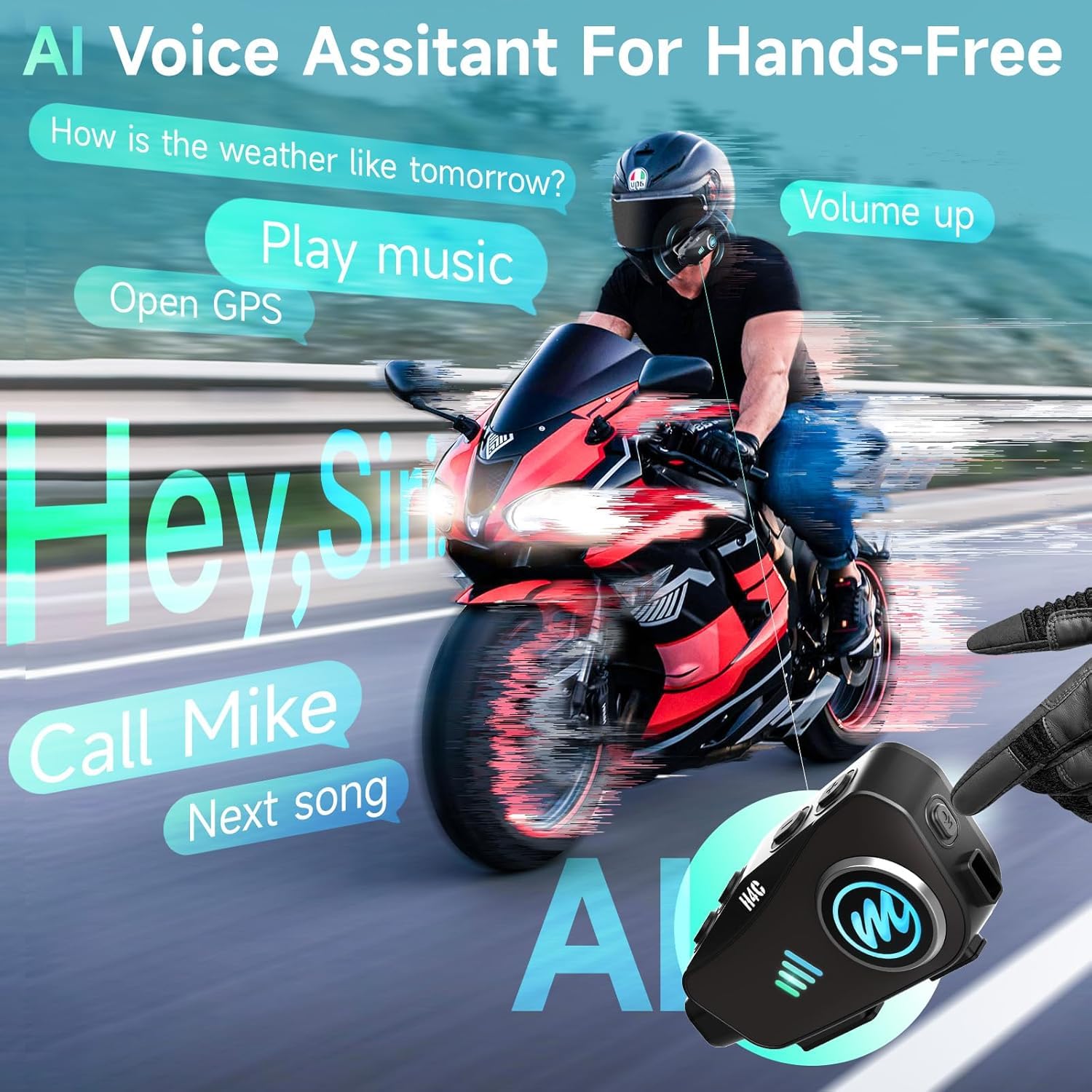 Motorrad Helm Headset mit Kamera, Moman H4C mit 【1080P Kamera】120° Weitwinkel 360° Aufnahme mit 32G TF Karte Motorcycle Helmet Kopfhörer HiFi Stereo für eine Person AI Voice Assitant IPX6 Wasserdicht