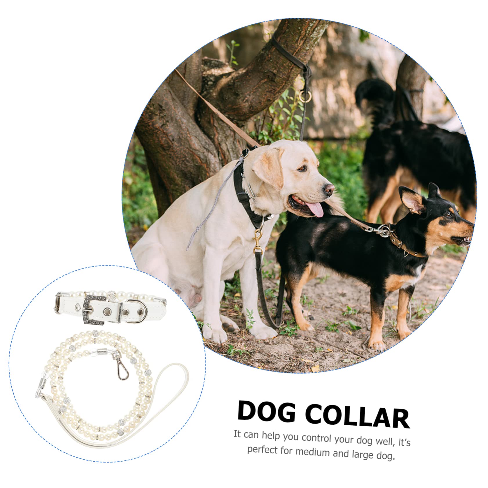 Collare e Guinzaglio per Cani Regolabile 2 Pezzi in Pu Bianco | Cucciolo, per Passeggiate All’aperto e Feste, Perle Finte, Facile da Indossare e Togliere