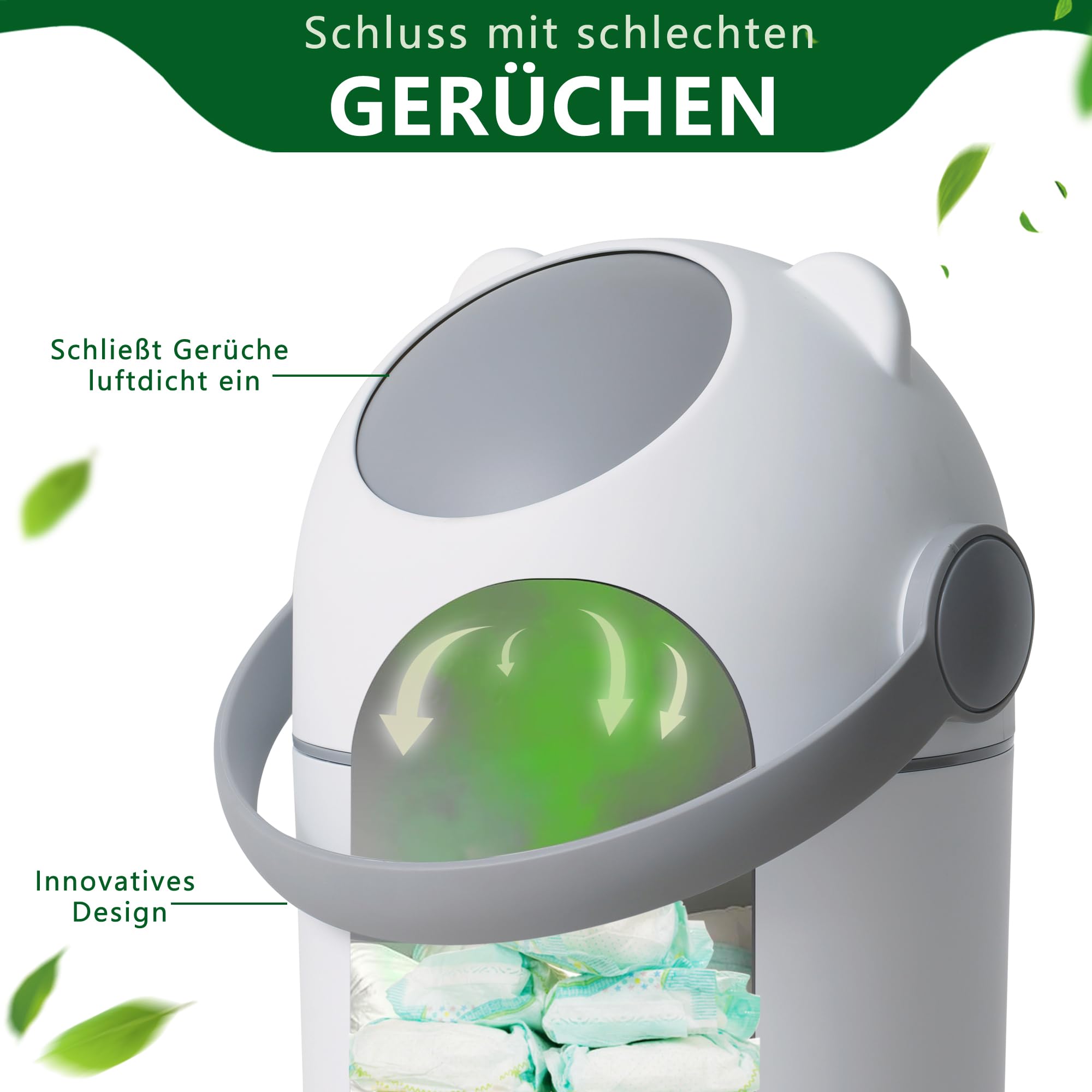 Pattumiera per pannolini con protezione dagli odori, 12 l, funzionamento con una sola mano, sacchetto universale, simpatico orsetto N2, bianco+grigio per la cameretta dei bambini