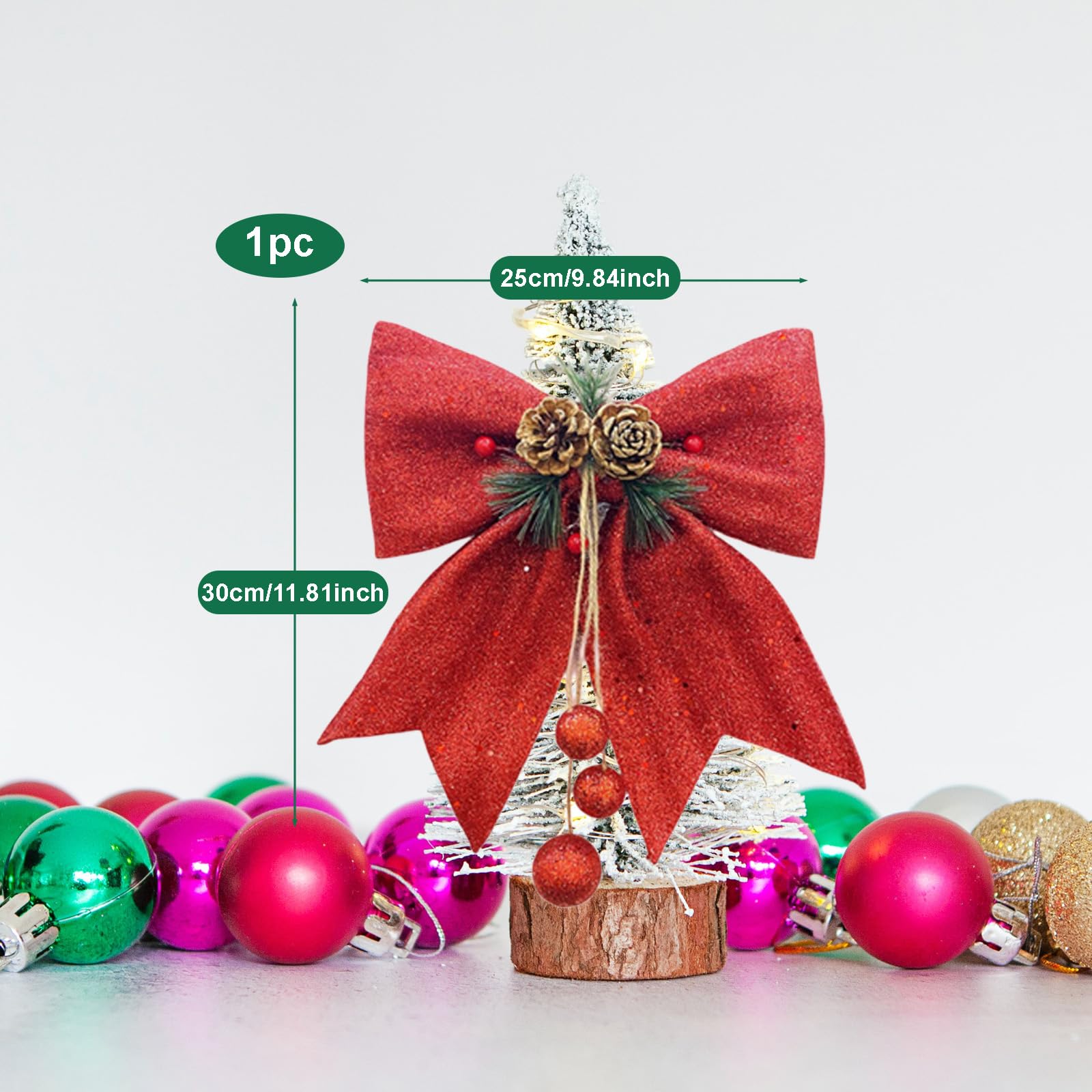 Bowknot Christmas Tree Topper Decorative Bows, Sequin Wreaths Bows Ties, Christmas Tree Topper Glitter with Pine Cone, Christmas Tree Decoration Bows for Christmas Parties, 9.8 x 11.8 Inch (Red)