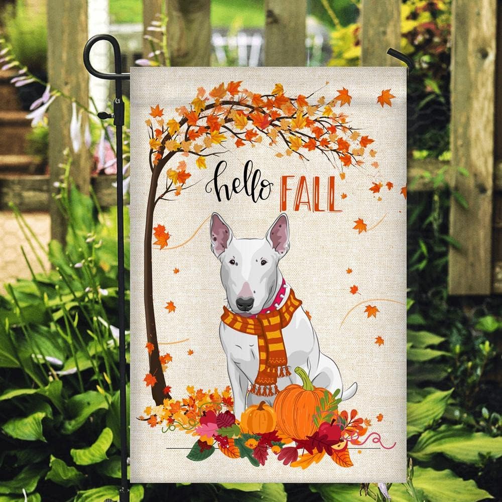 Hello Fall Bull Terrier Dog Flag Maple Leaves Orange Pumpkin Autumn (12" x 18") USA Garden Flag Premium Decorative Yard Outdoor Flags