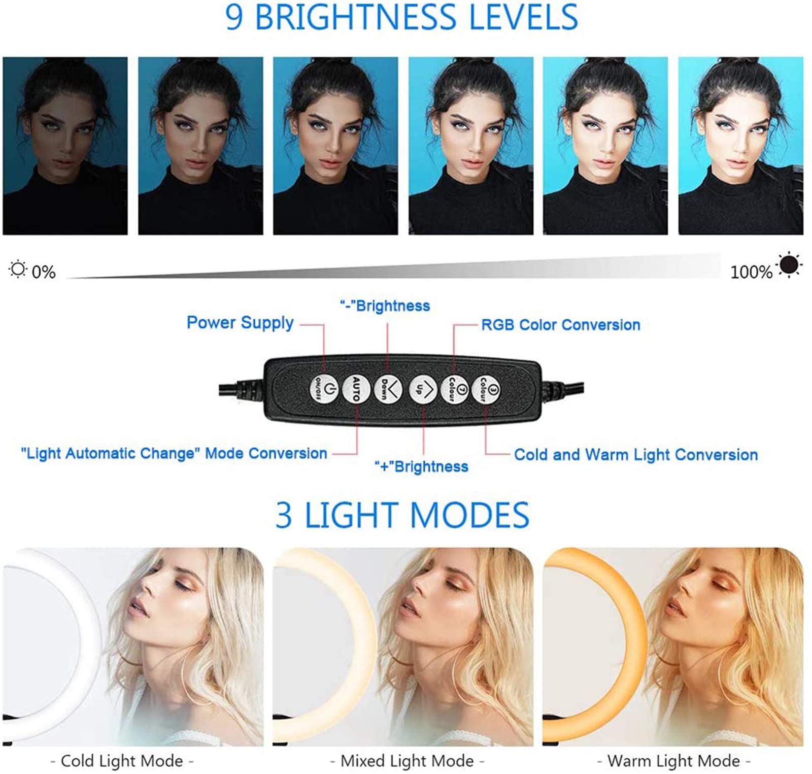 Luce ad Anello LED Pieghevole, 3 modalità Colore Luce per Selfie Trucco Luce Dimmerabile 15 Colori RGB 9 modalità Dinamiche per Youtube, TIK Tok, Fotografia,Nero