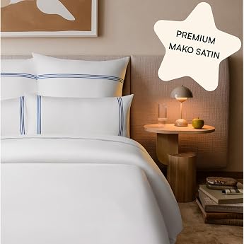 Mako Satin Bettw sche 135 x 200 wei  Blaue Stickerei| Aesthetic Bettw sche Set inkl. 40x80 Kissenbezug|einfarbig weich und besonders hochwertig|Hotelbettw sche 135x200 Rhea