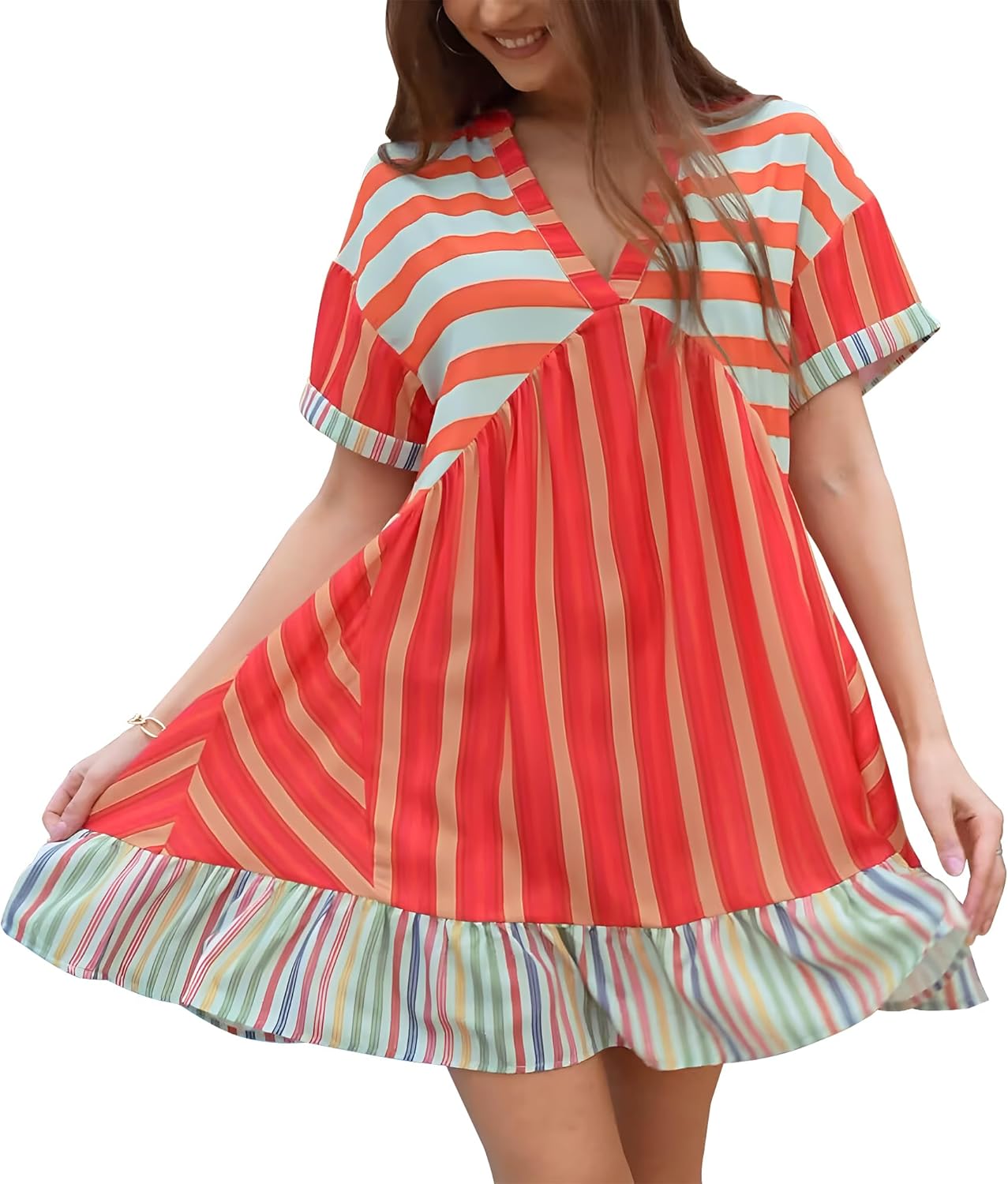 ETCYY NEW Summer Dresses for Women Oversized Short Sundresses Boho Beach Cover Up Dress Stripe-orange Medium
