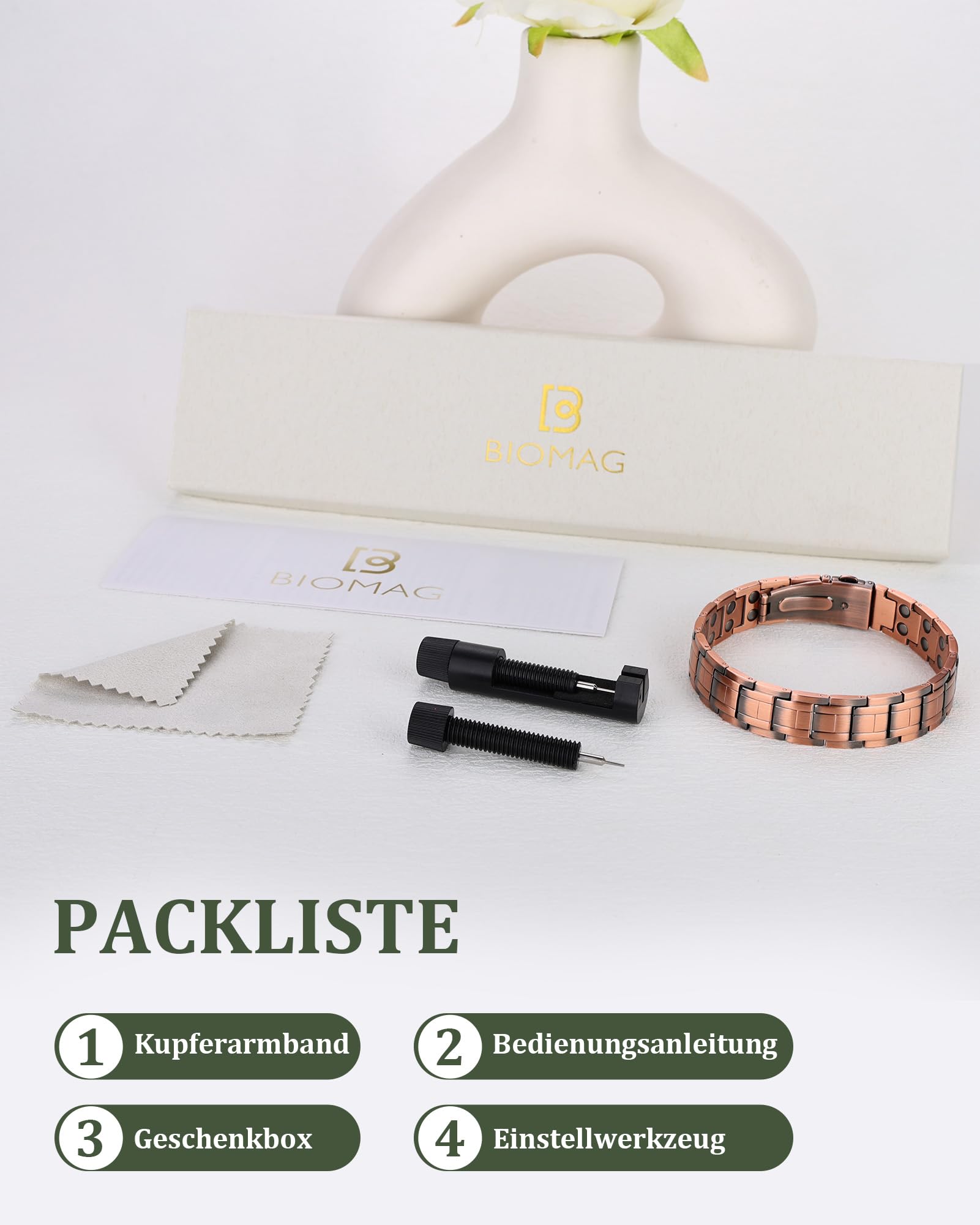 BioMag Herren Kupferarmband aus 99,99% Reinkupfer, Magnetarmband mit Schmetterlingsverschluss und integriertem Größenregler