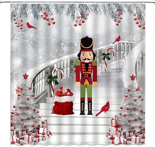 GCTNBJL Cortina de ducha de Feliz Navidad, árbol de Navidad, bolas rojas, caja de regalo, pino, ramita, baya, copo de nieve, vacaciones de invierno,