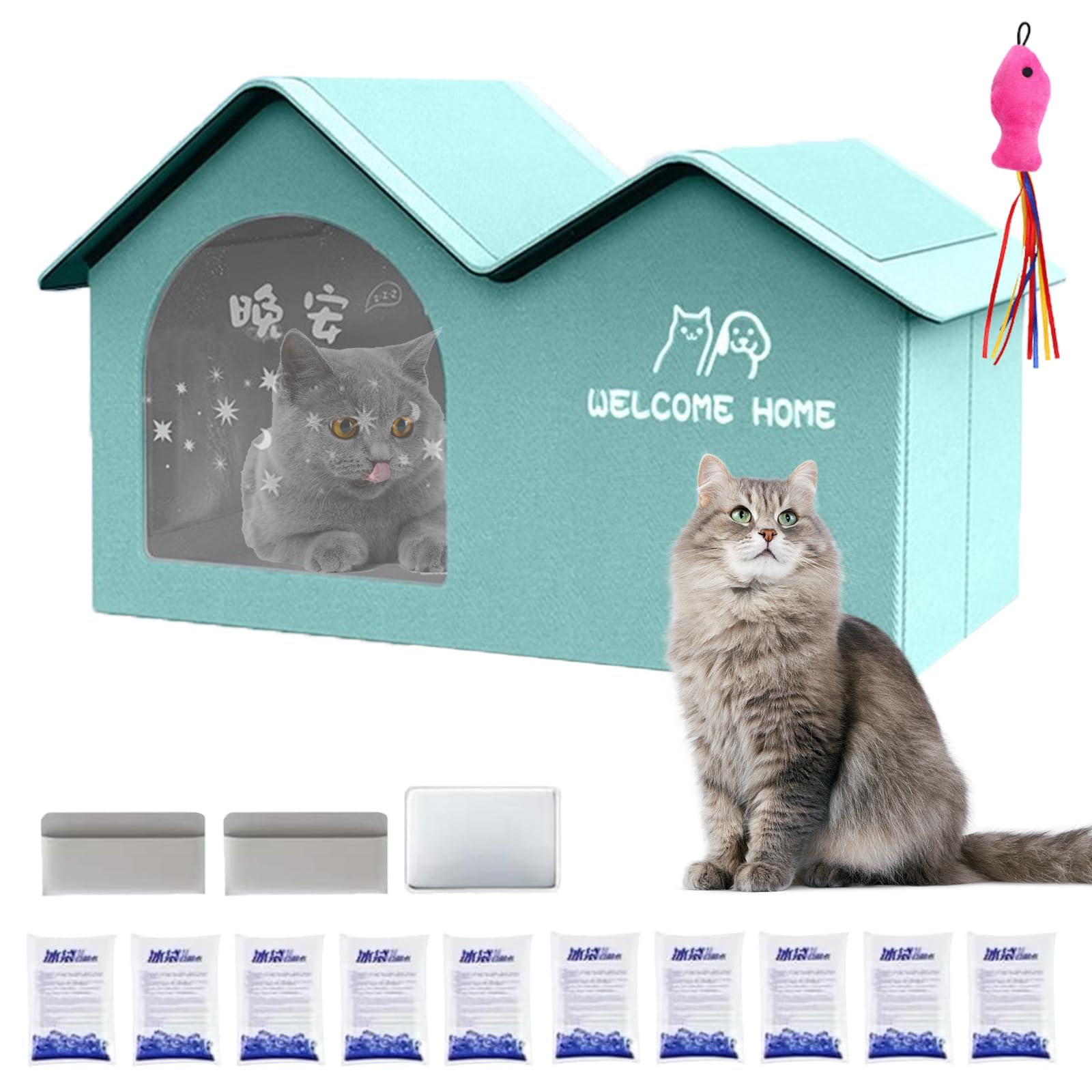 Cat Cooling House with 10 Reusable Ice Packs, Weatherproof Outdoor Cat House Shelter, Foldable Pet Cooling Bed for Summer, Insulated Dog House for Indoor and Patio Use (Blue, 18.1 * 13.8 * 14.6in)