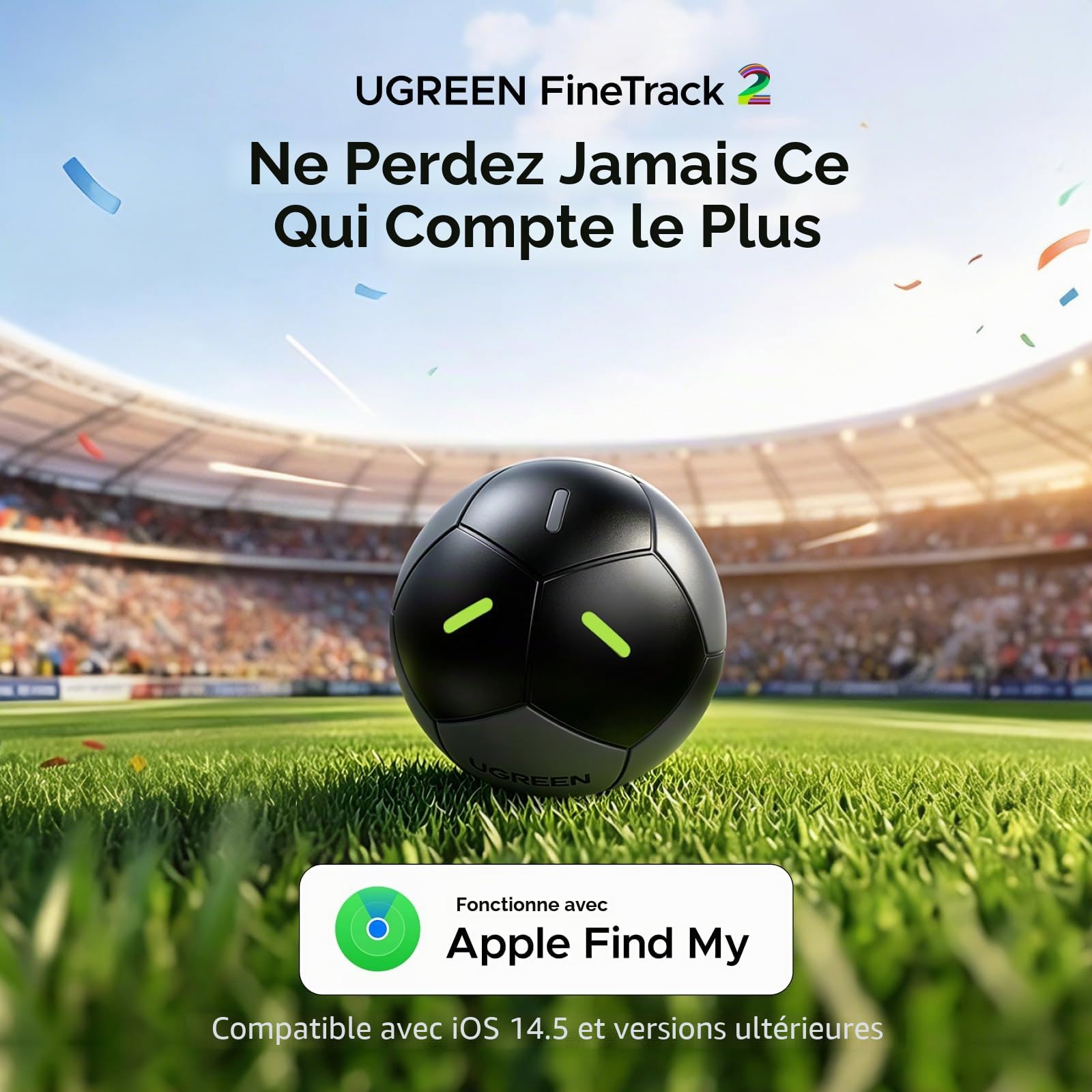 UGREEN FineTrack 2 Finder Tag Design Football 110dB Fluorescence IP68 et UGREEN FineTrack Finder Tag Traceur avec Find My 2 Ans Batterie (iOS Uniquement)