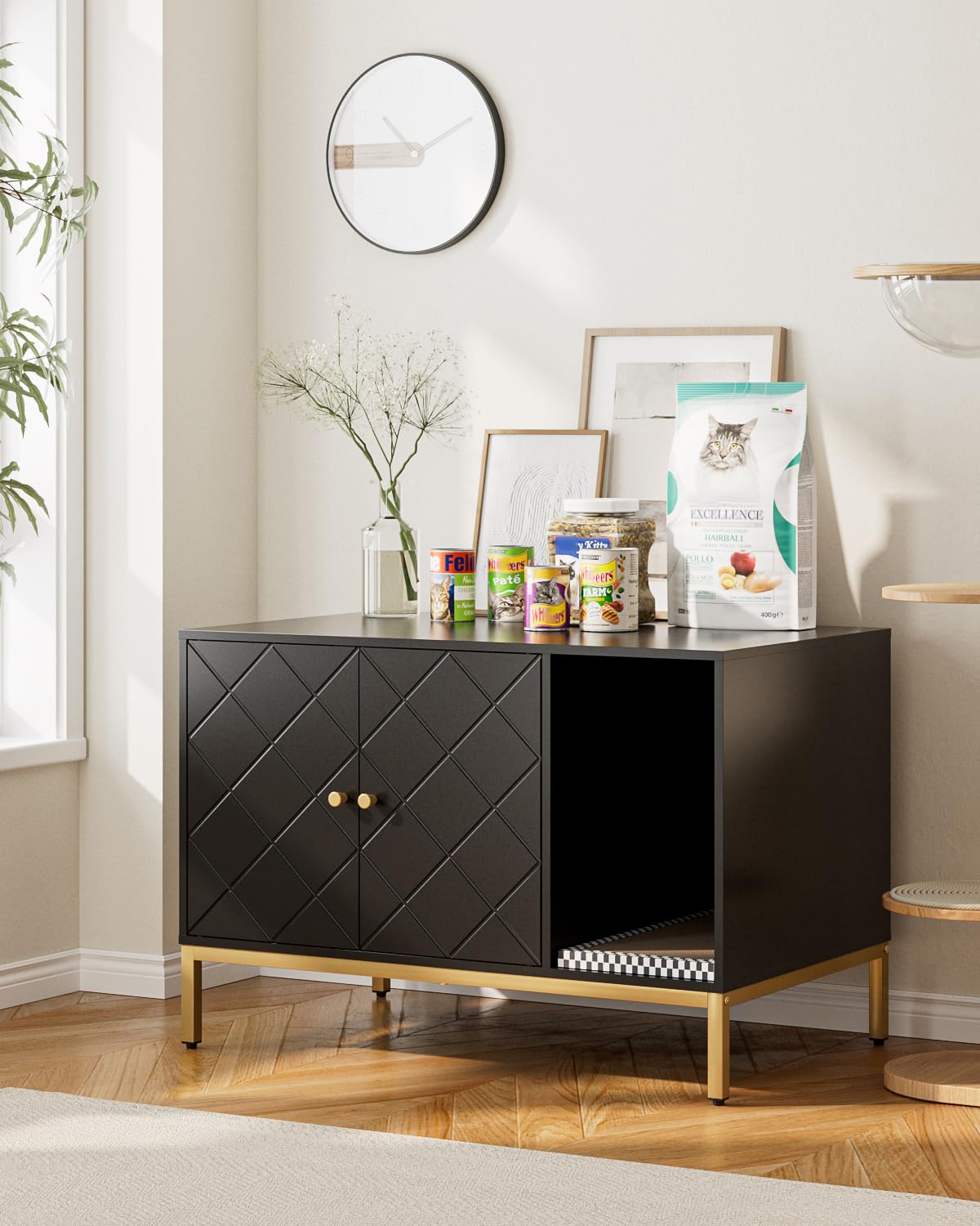 Katzenklo Schrank, Katzenkloschrank mit Doppeltüren, Katzenhaus mit Kratzmatte, hohe Beine, für Katzentoilette, Beistelltisch, 80x50x55 cm, schwarz,Überkreuzmuster