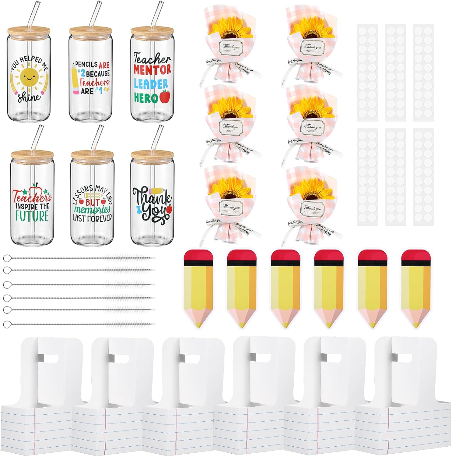 Mumufy 6 Set Teacher Appreciation Gift Boxes-16oz Glass Cups with Lids Straws Brushes and Sunflower Faux Bouquets & Carry Boxes & Pencil Tags for Teacher Appreciation Gifts Bulk Graduation Gift