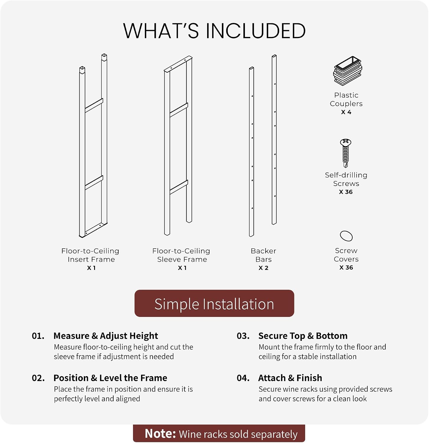 Jagged Ridge Wine Rooms Luxurious Floor-to-Ceiling Wine Rack Frame – 10 ft Height, Cut to Fit Ceilings Up to 10 ft, Modern Metal Design, Storage for Up to 144 Bottles (Racks Sold Separately)