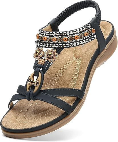 Littleplum Womens Sandals Arch Support Summer Beach Sandals Comfort Walking Shoes Bohemian Flip Flops Sandals for Women - 7 - Casual Black