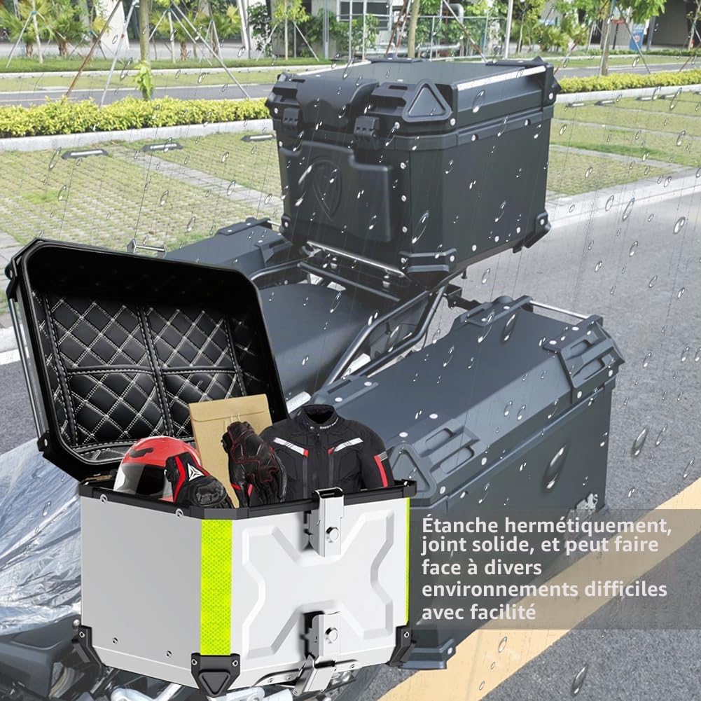 X-Silver Aluminium Scooter Top Case, Imperméable, 55L avec Serrure de Sécurité & Dossier, Base à dégagement Rapide pour Casque et Bagages