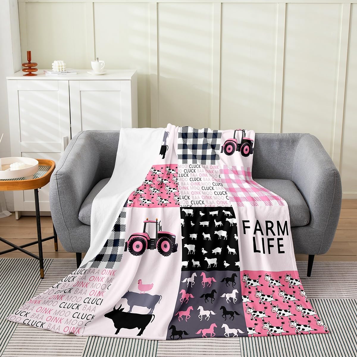 Tractor Flannel Fleece Throw Blanket,Farm Animal Pink Fuzzy Blanket For Bed Sofa Couch,All Season Farm Nursery Decor Bed Blanket Breathable Rustic