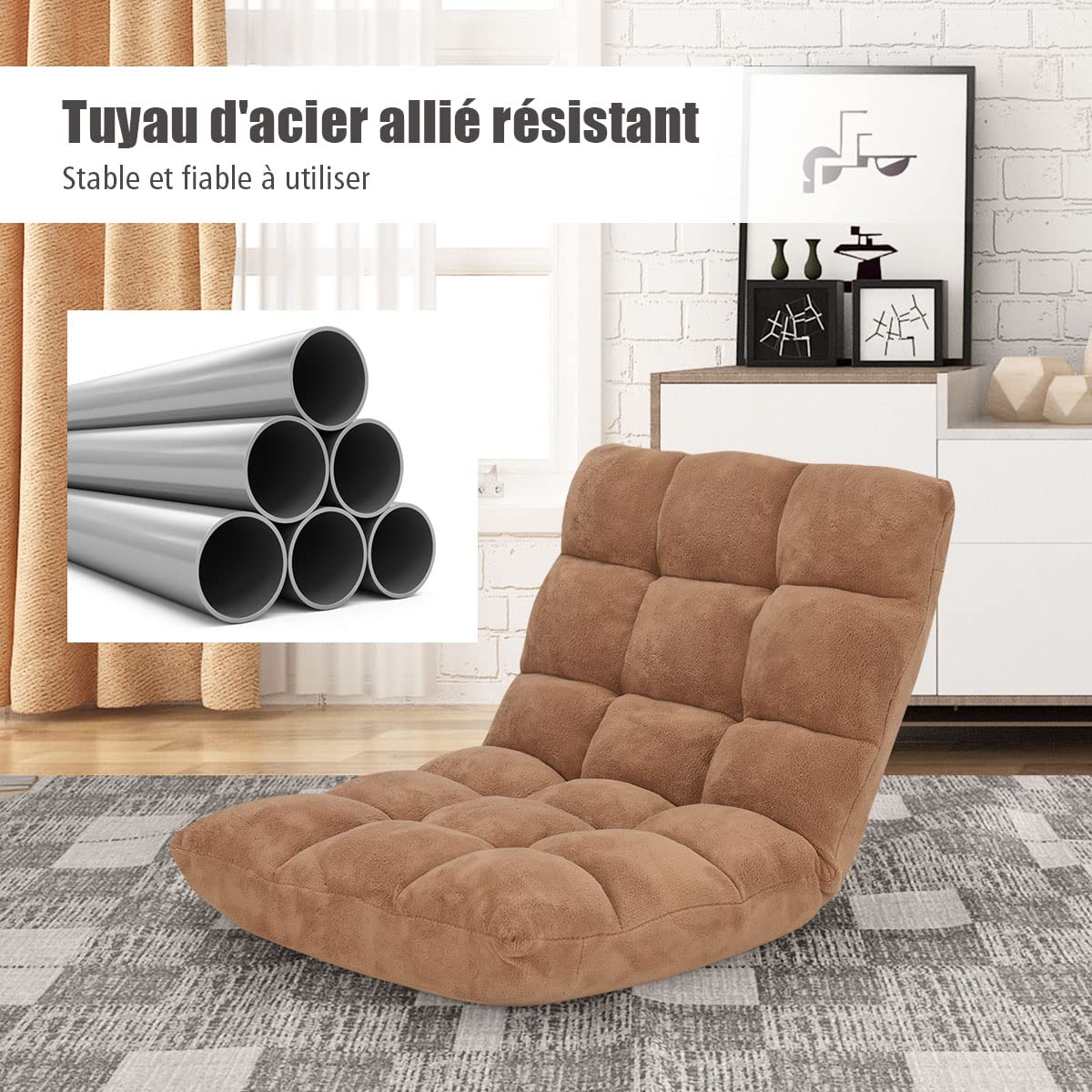GOPLUS Silla de suelo plegable, sillón convertible ajustable de 14 niveles, sillón perezoso con terciopelo coral cómodo, silla de meditación acolchada, 105 x 56 x 15 cm (Beige)