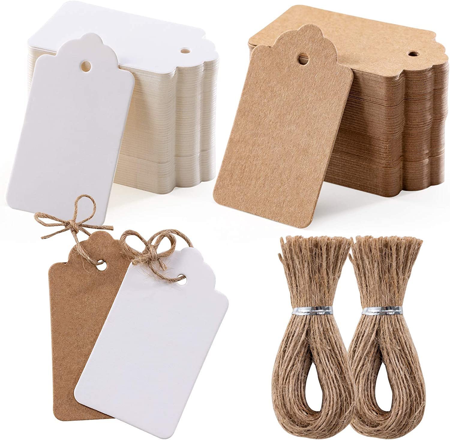 BELLSBERRY Gift Tag | Paper Tags with Strings | White & Brown Kraft Tags with Strings | 200Pcs 100Pcs for Each Color White & Brown Tags with String, Kraft Paper Gift Tags for Gifts, Weddings & Pricing
