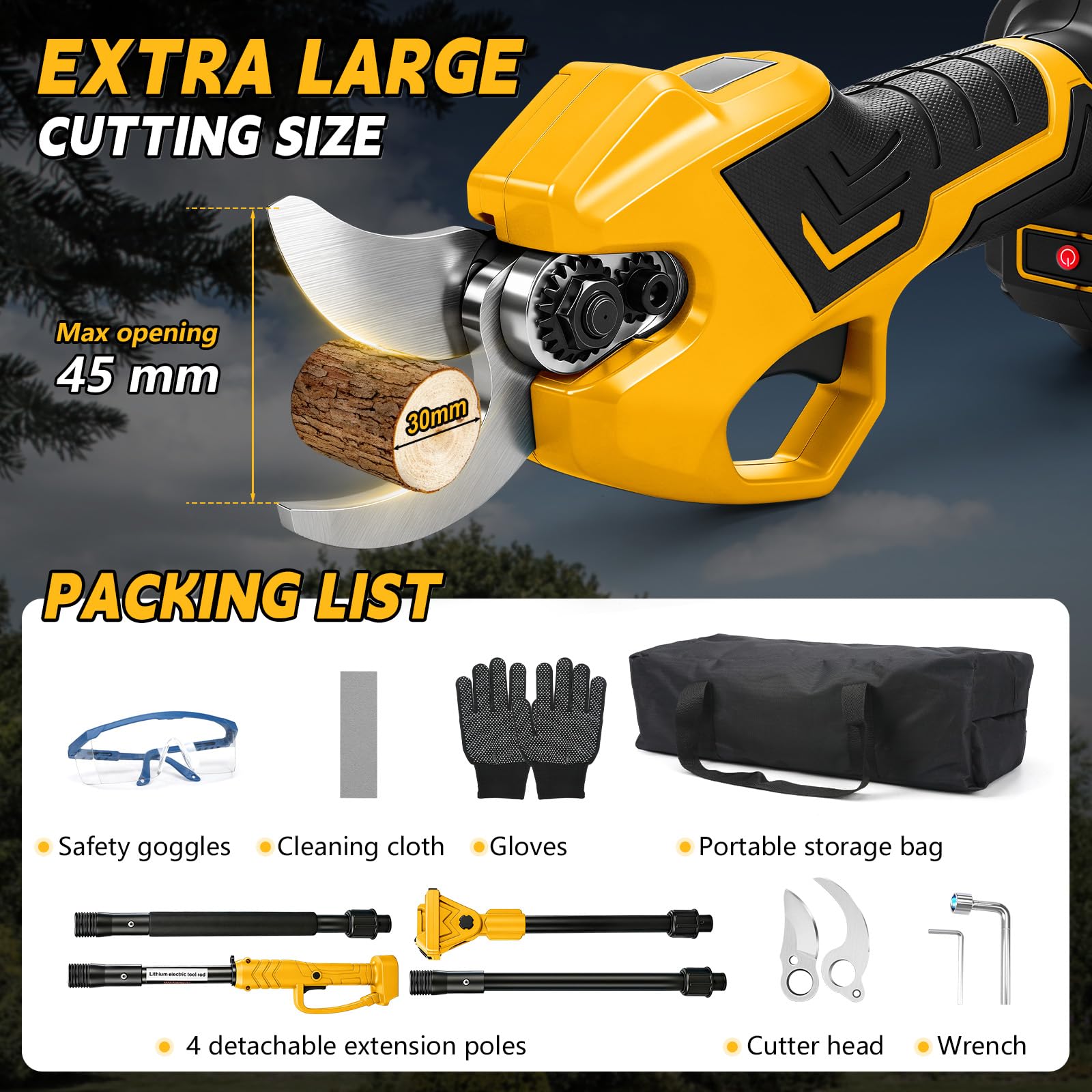 Tijeras de Podar Eléctricas 2 en 1 con Pértiga compatible con Dewalt 20V baterías, Tijeras de podar Corte de 14/30mm, Palo Telescópico 2M, Jardinería y Poda para Árboles (sin batería)
