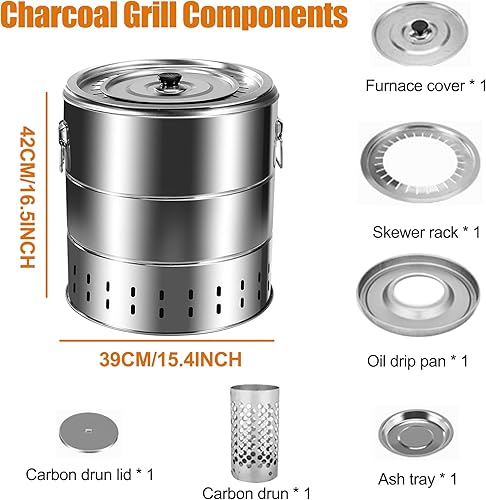 Miniatura 2 de Parrilla de carbón envolvente sin humo de acero inoxidable, kebabs portátiles con juego de accesorios para parrilla, diámetro de 15.4 pulgadas28