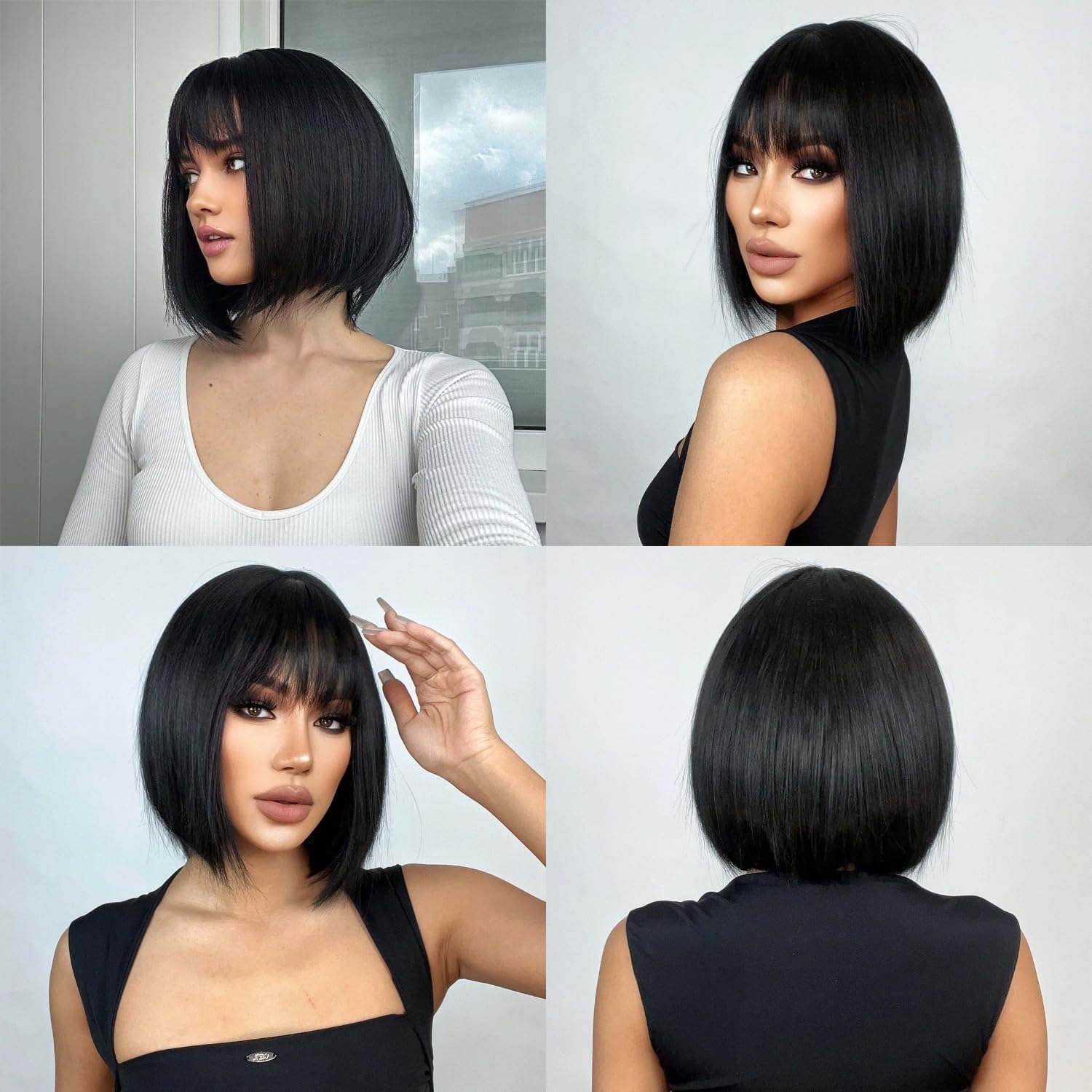 Sapphirewigs Czarne peruki bob dla kobiet z grzywką, krótka, naturalnie wyglądająca, 30 cm