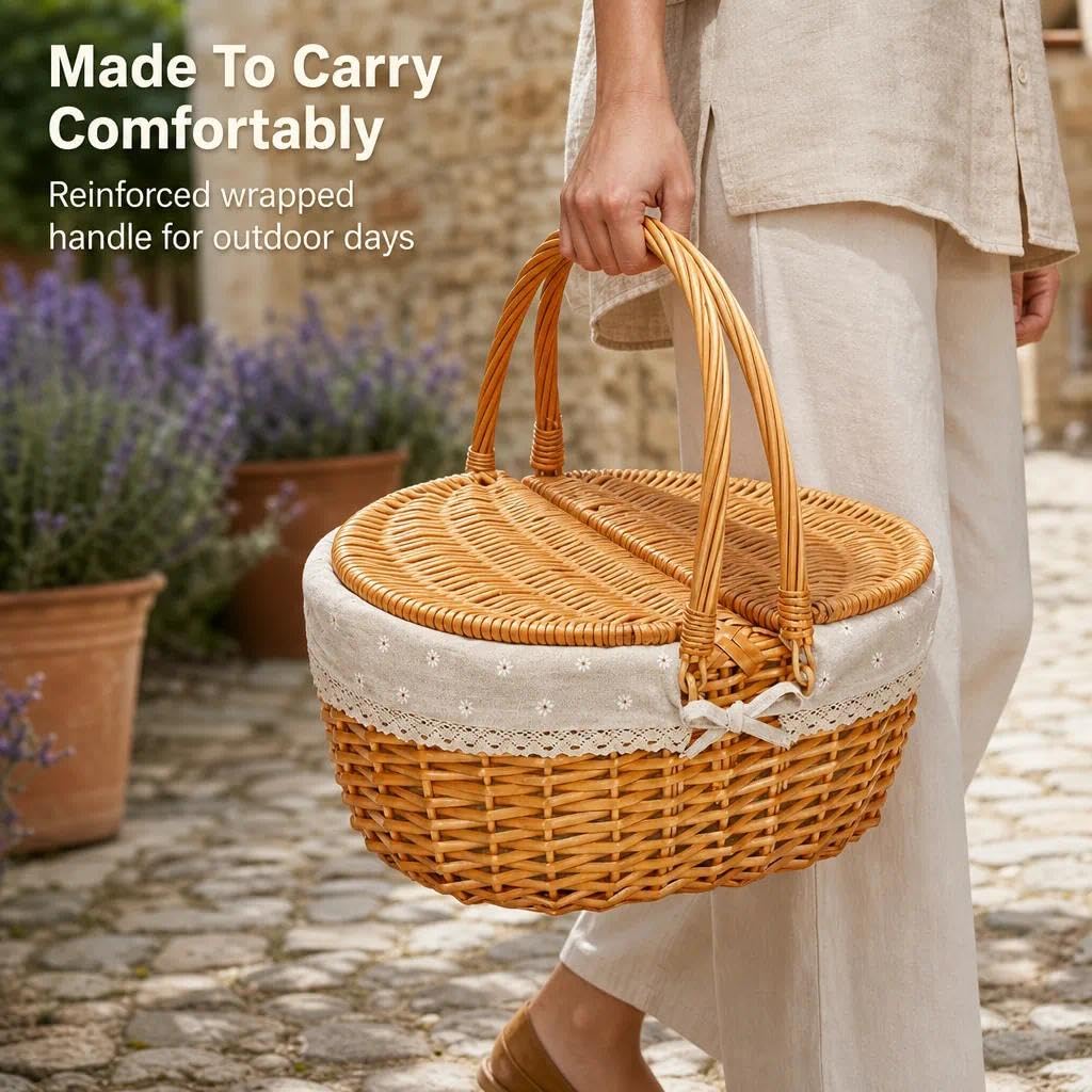 Panier de pique-nique en osier avec couvercle - Panier à provisions tressé avec poignée et doublure - Panier à champignons - Panier en osier pour le camping, les pique-niques, la cueillette et les