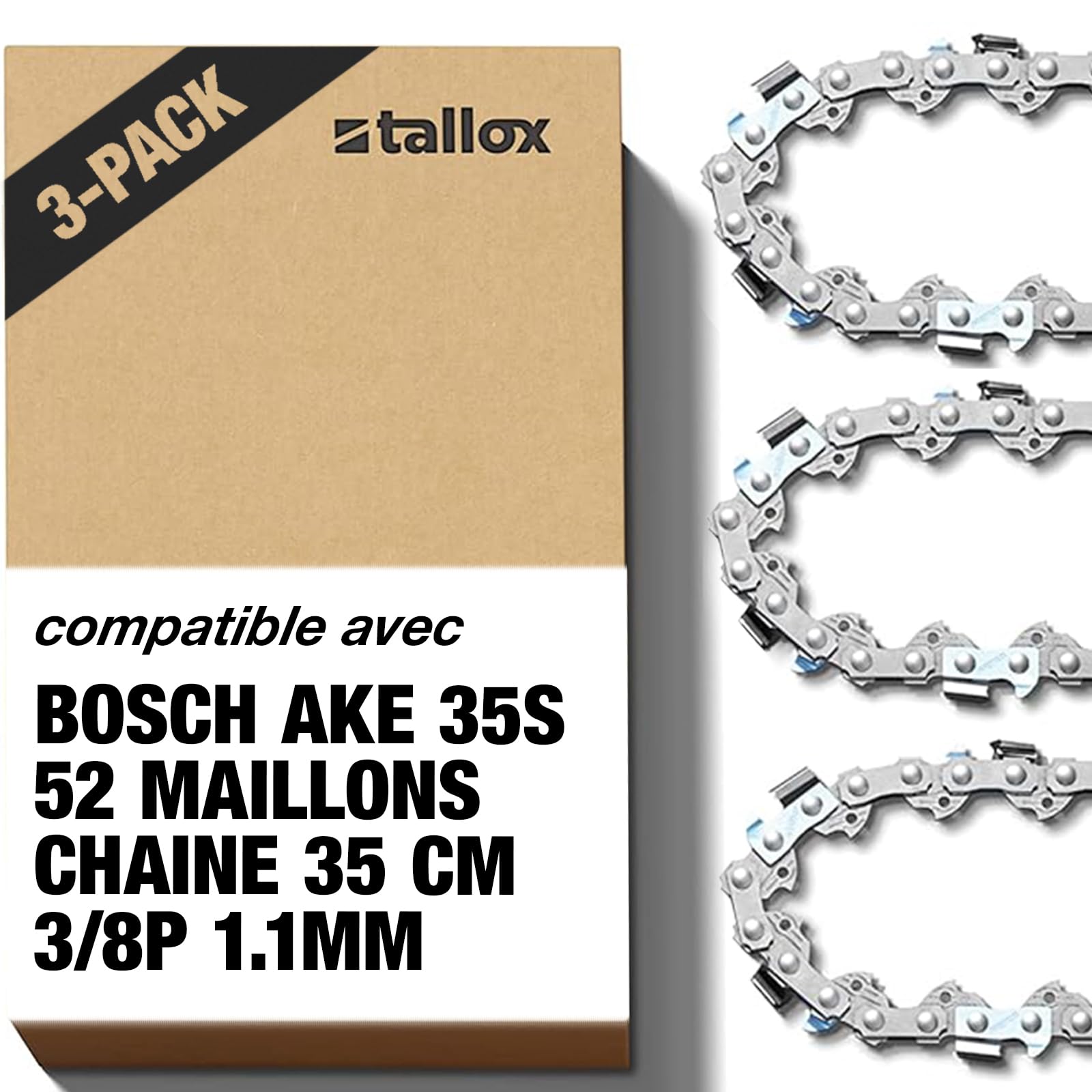 3 tallox Chaînes de tronçonneuses 3/8" 1,1 mm 52 maillons longueur de guide-chaîne 35 cm compatible avec Oregon Makita Bosch