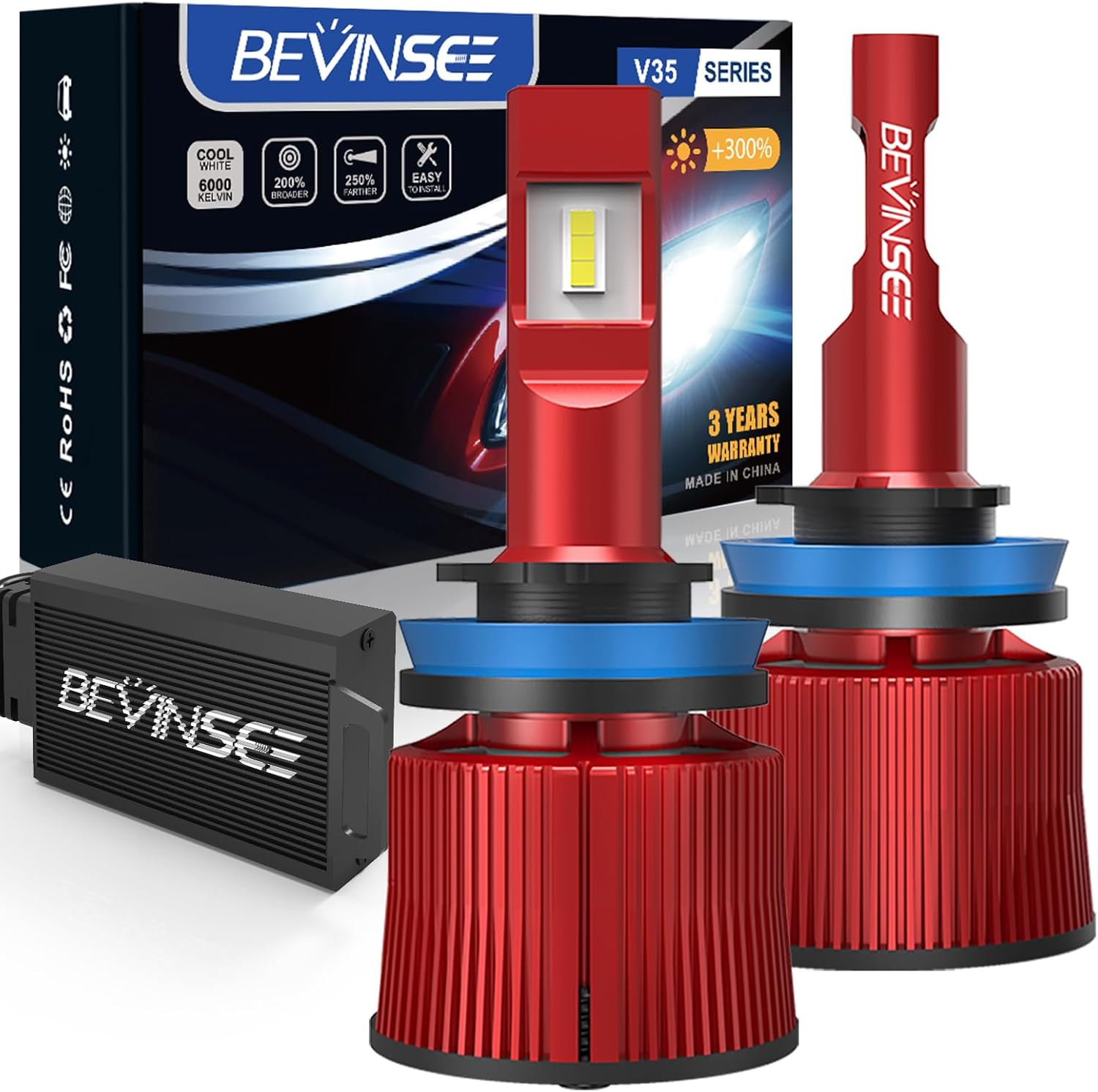 Bevinsee H11 LED Headlight Bulbs 15000LM 500 Brightness H11 H8 H9