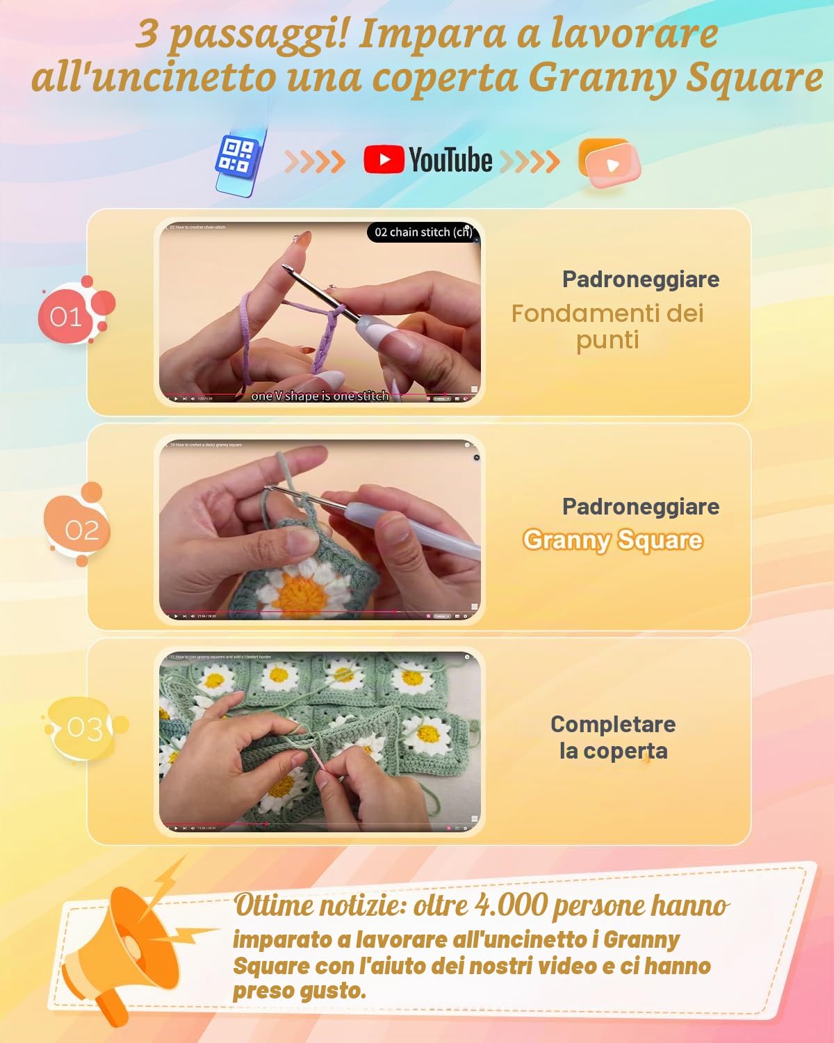 Coopay Kit all'uncinetto Granny Square per Principianti, Set Uncinetto per principianti per Coperta a Margherite, Kit Uncinetto con 2 uncinetto, Lana per Uncinetto, Istruzioni, Video Passo Passo