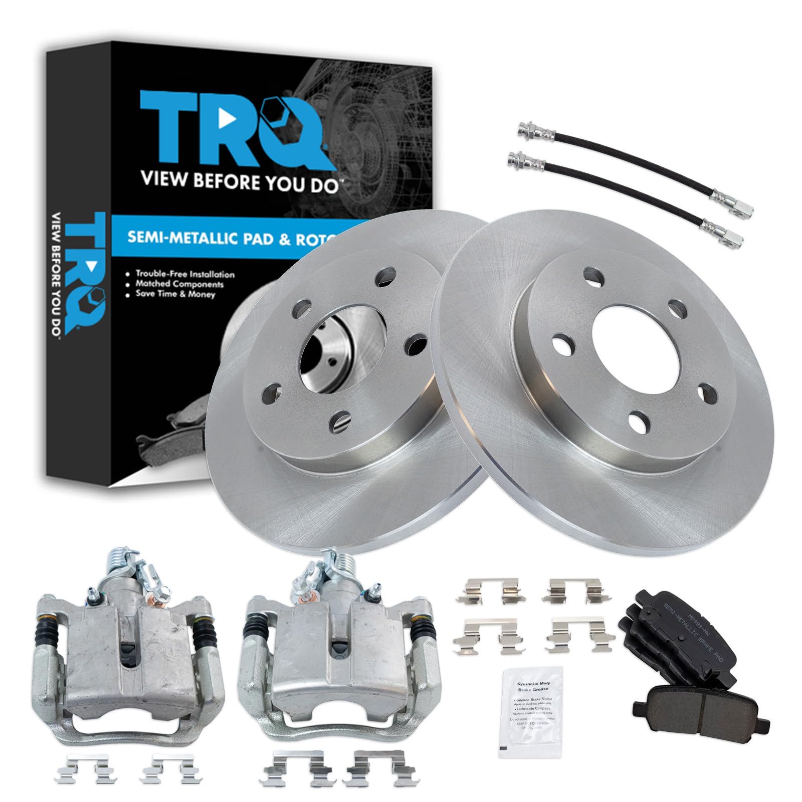 TRQ Rear Brake Pad and Rotor Set Semi Metallic Calipers Compatible with 2005-2008 Pontiac Grand Prix