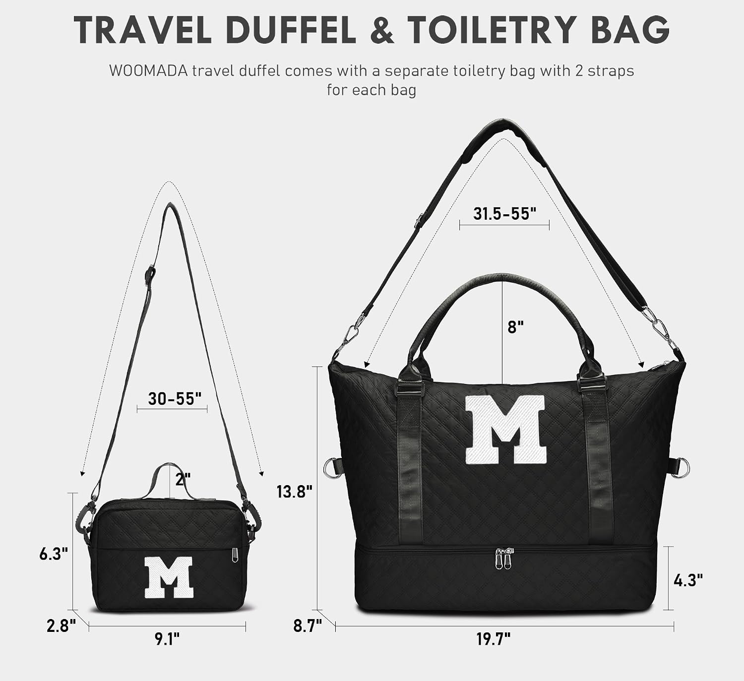 WOOMADA Initial Duffle Bag with Shoe Compartment,Personalized Weekender Bag, Overnight Bag for Women Girls, Gym Bag with Toiletry Bag