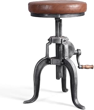 LOKKHAN American Antique Steampunk Deco Vintage Industrial Bar Cafe Stool ، Retro Stylish 3-Leg Cast Iron Base Swivel Round Leather Top ، يضبط بسهولة عن طريق مقبض كرنك