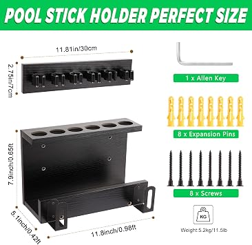 Pool Stick Holder Wall Mount, Pool Cue Set Holder for 6 Cues Sticks Storage Pool Table Accessories Equipment Organizer, Cue Rack Billiards Accessories for Game Room Bars Clubs Billiard Players, Black