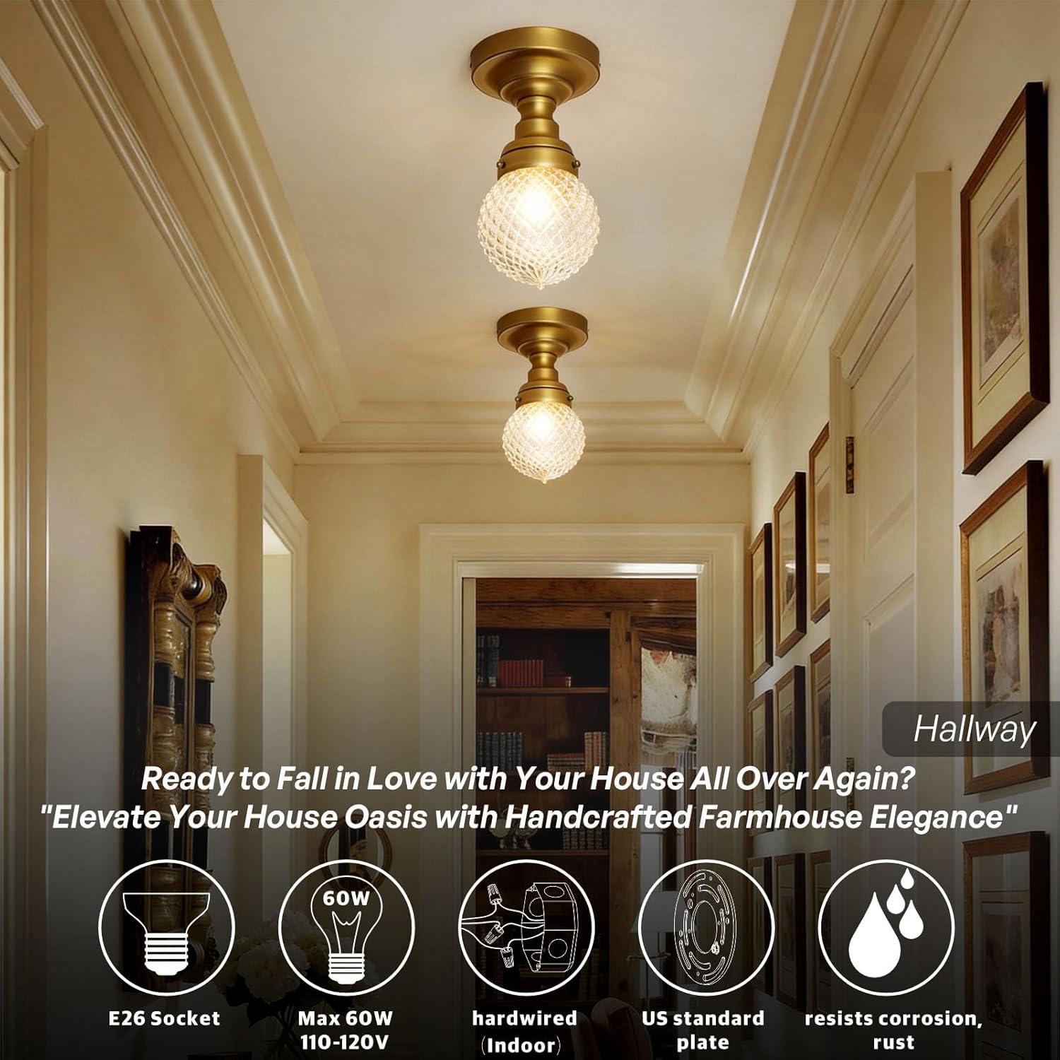 Schoolhouse Semi Flush Mount Ceiling Light, Brass Gold Close to Ceiling Light Fixtures with Hand-Blown Glass Shade Modern Hallway Ceiling Lamp for Laundry Entryway Kitchen Bathroom E26