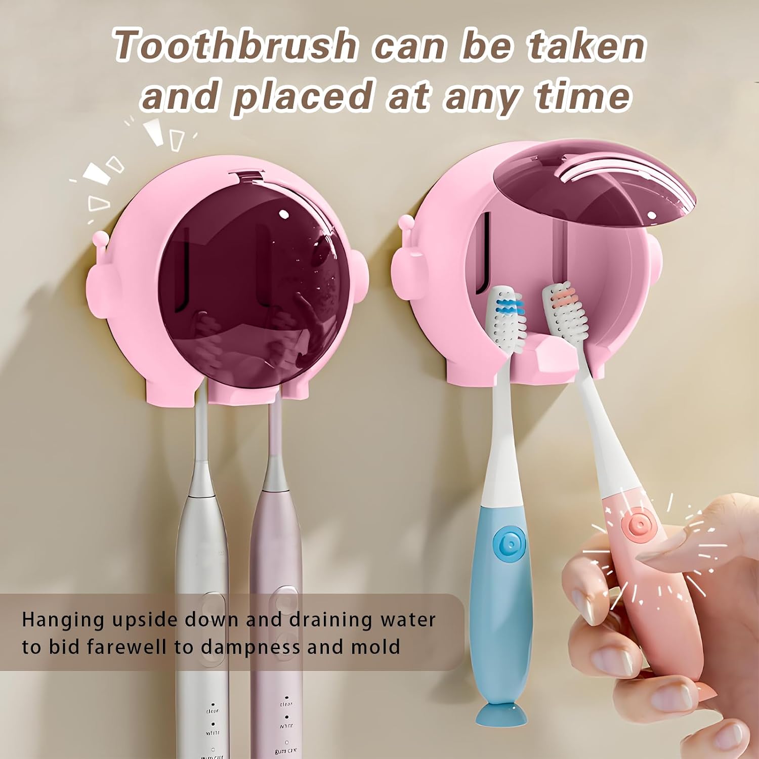 Kids' Bathroom Toothbrush Holder,Astronaut Helmet Toothbrush Holder, Waterproof No-Drill Adhesive Wall-Mounted Bathroom Toothbrush Holders, Creative Toothbrush Stand for Modern Bathroom (Pink) image 3