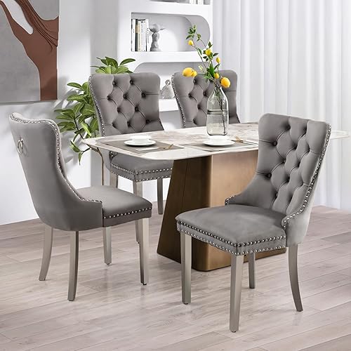 Miniatura 8 de SoarFlash Juego de 2 sillas de comedor de cuero, sillas laterales con respaldo alto, silla auxiliar tapizada moderna con anillo trasero de botón,