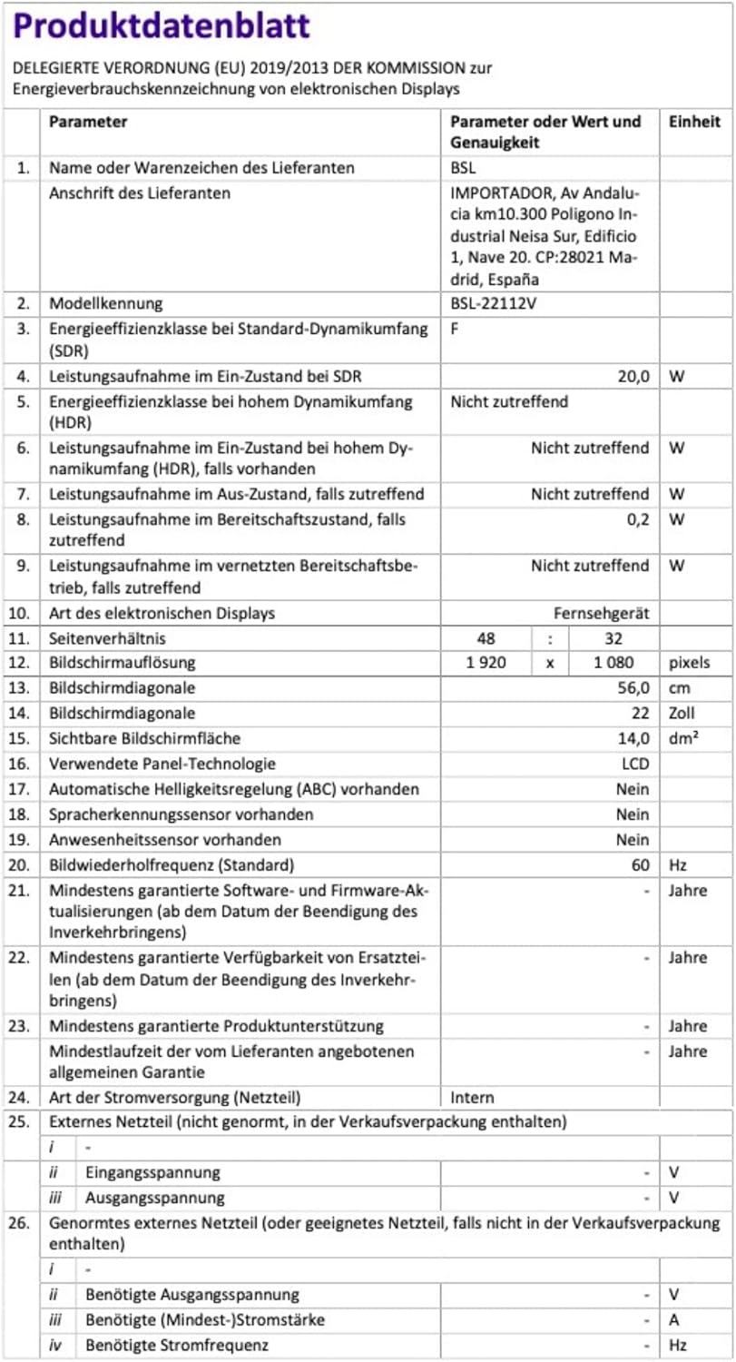 EU Energy Label for BSL-22112V TV, showing energy efficiency class F and 20 kWh/1000h consumption.