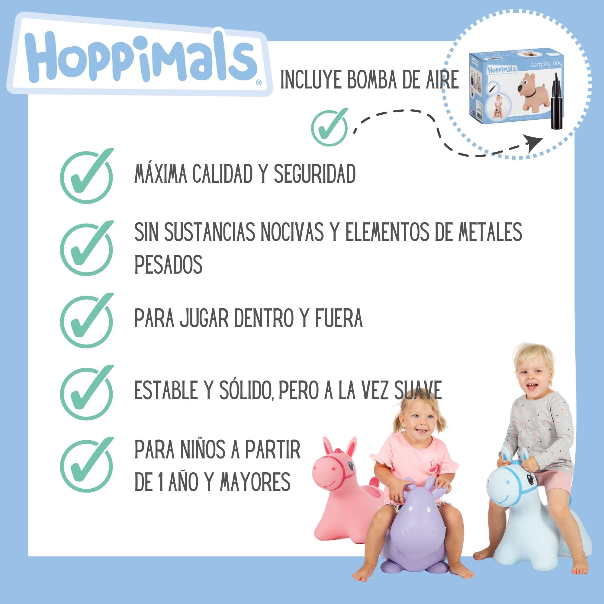 Tootiny, Juguete Hinchable para Saltar y Jugar para Niños Mayores de 1 año, Perro MARRÓN, Bomba Incluida en Nuestra Caja Regalo. Juguete Duradero Incentivar y Ayudar a Andar.