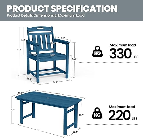 Miniatura 7 de Juego de comedor de exterior de HDPE con mesa y 6 sillas, juego de mesa y sillas de 7 piezas para todo clima, agujero para parasol de 2 pulgadas,