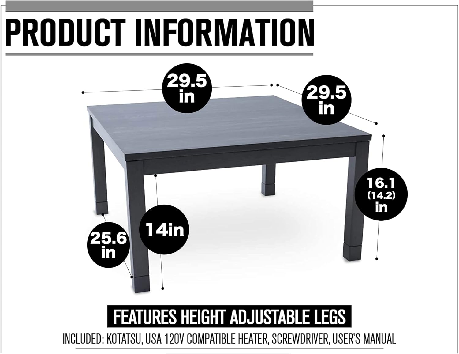 BJDesign Kotatsu - Japanese Heated Table - Wooden Chabudai Furniture with 120V Electric Heater - Low-Lying Dining and Work Desk with Temperature Control Knob (29x29in, White)