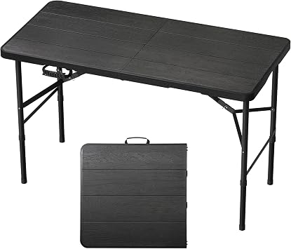 4Ft Folding Table Portable for Indoor Outdoor Wood Grain Black | Heavy Duty Folding table with 400 lbs, Rust-proof Frame, Waterproof Foldable Table For Camping, Picnic, Party, Garden, Work