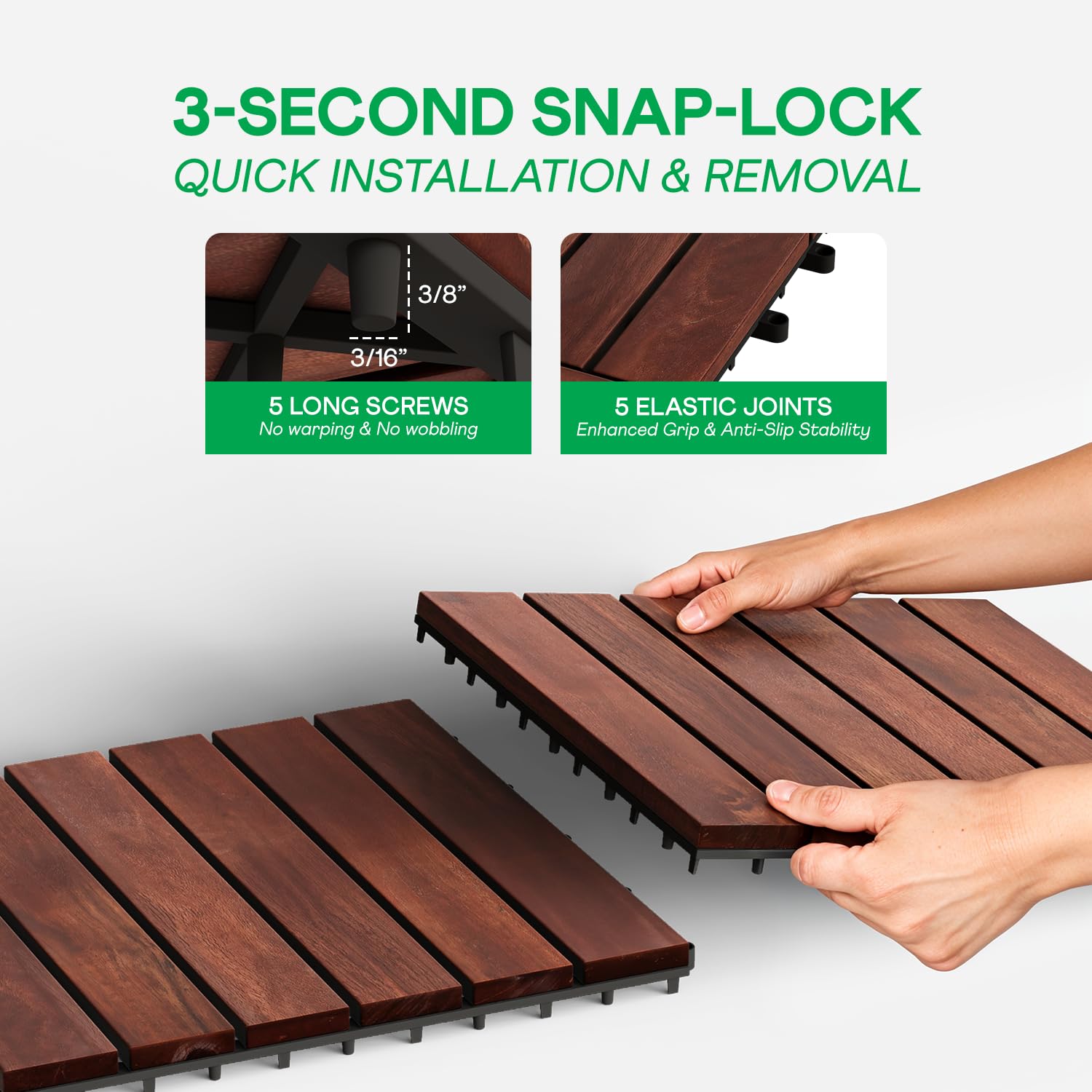 Idzo Interlocking Deck Tiles 9.6 SQFT - 10PCS Waterproof Acacia Wood Patio Tiles, Flooring Tiles for Indoor and Outdoor - 6 Slats Decking Stripe Pattern, 11.81 x 11.81 x 0.91 Inches, Red Brown