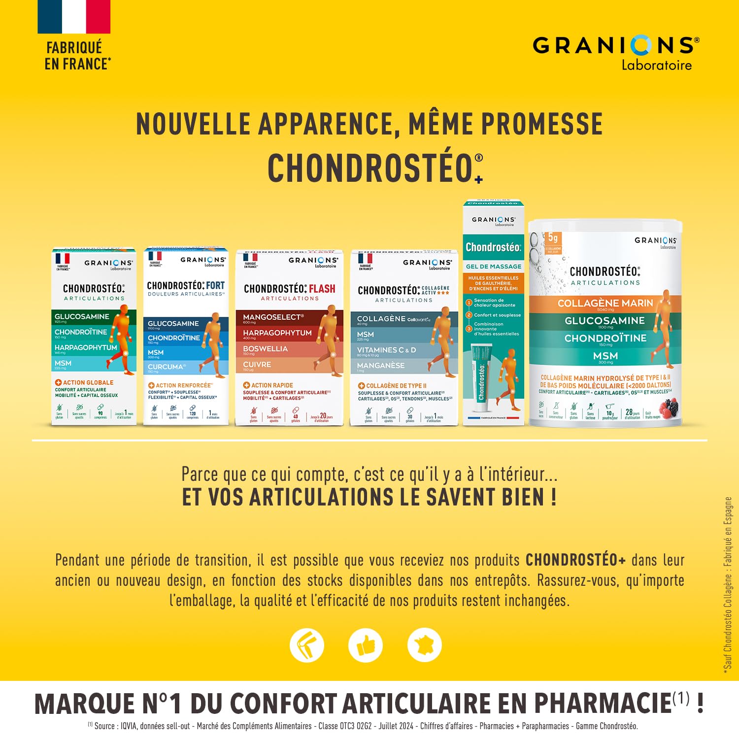 GRANIONS CHONDROSTEO+ FORT Articulations - Formule Renforcée - Curcuma - Mobilité & Souplesse Articulaire, Flexibilité, Capital Osseux - Glucosamine, Chondroïtine, MSM, Curcuma - 120 comprimés